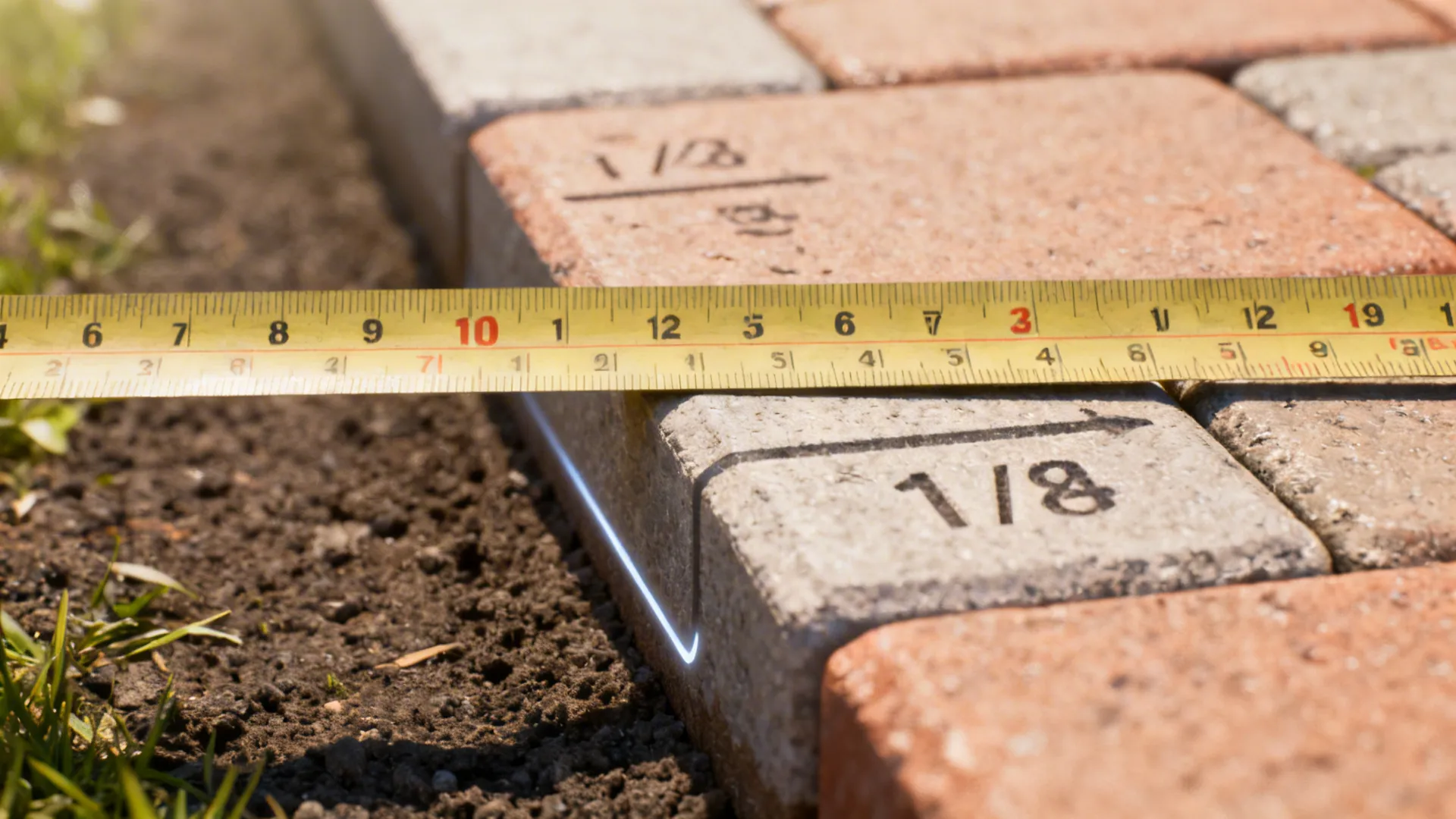 Measuring tape on a paver edge showing slope guidance for patio drainage