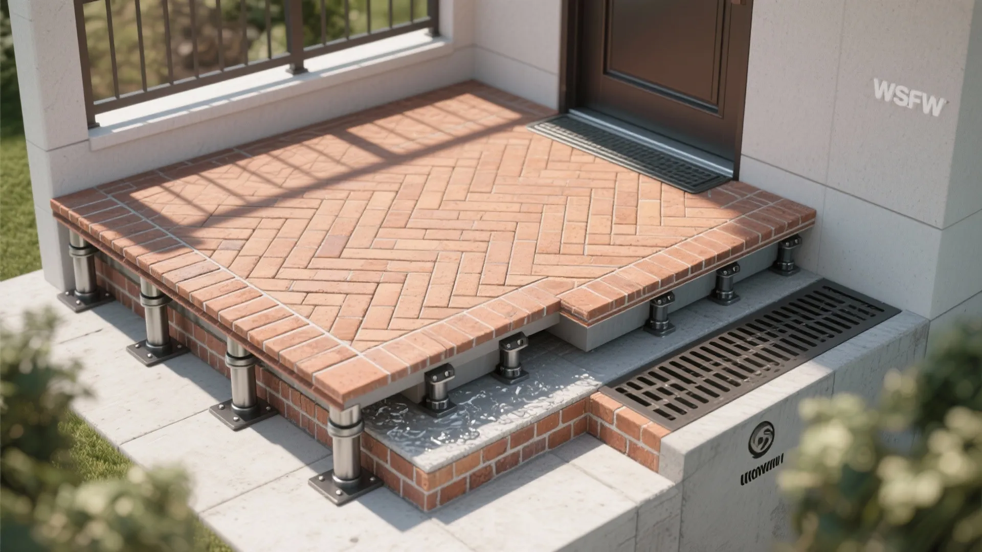 Red brick floor tiles on metal supports for a balcony floor with a metal drainage grate