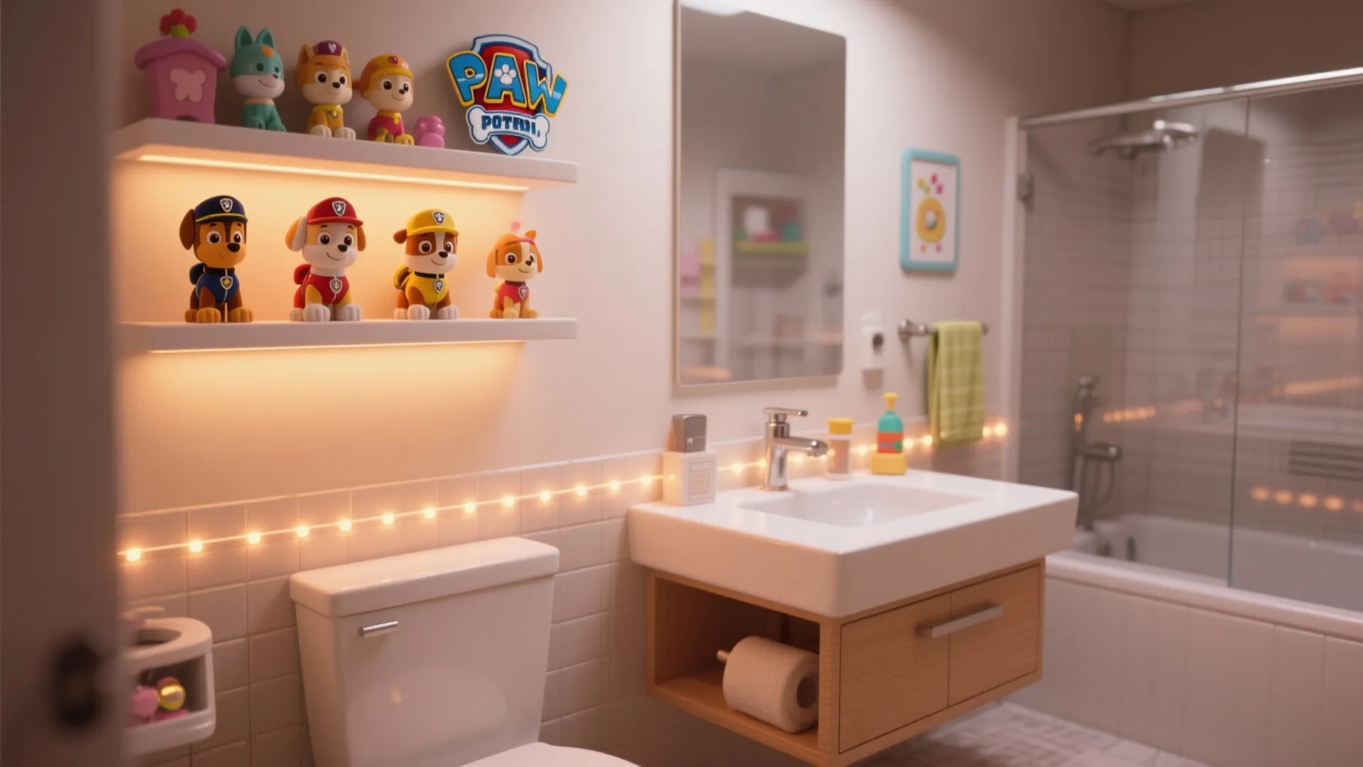 Kid bathroom featuring Paw Patrol toy figures on white shelves above a sink and toilet