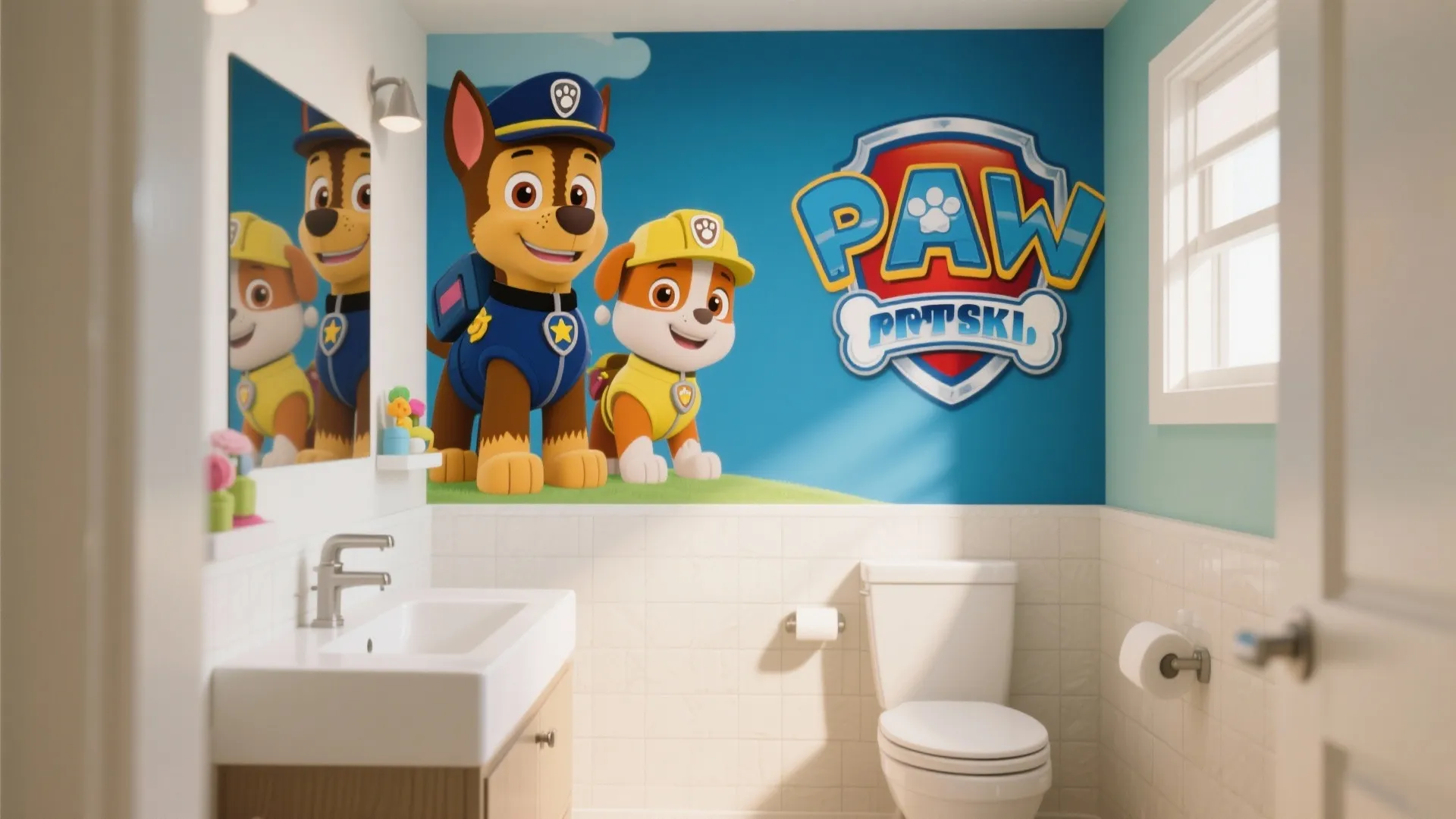 Bathroom interior with large Paw Patrol wall mural featuring character dogs behind a white toilet