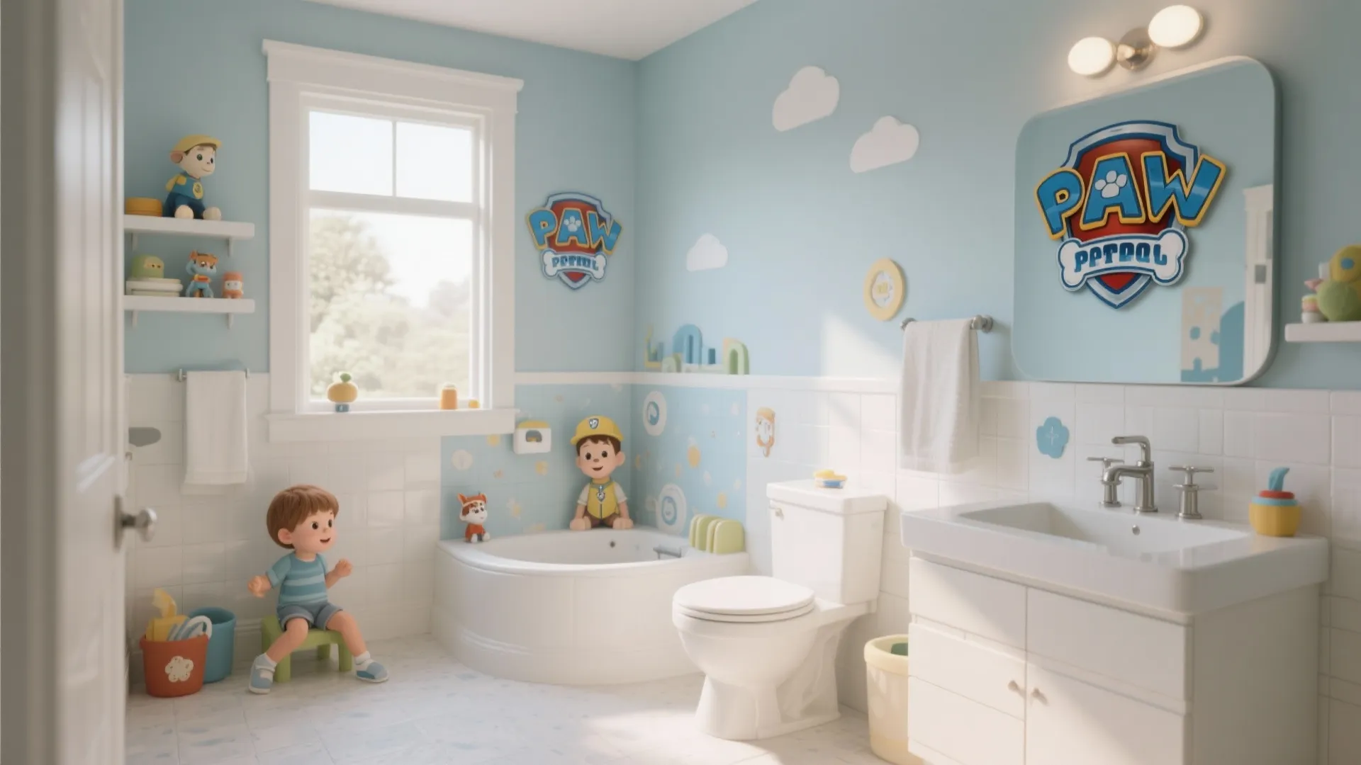 Child friendly bathroom with blue walls white tiles toilet sink bathtub and cartoon puppy decorations