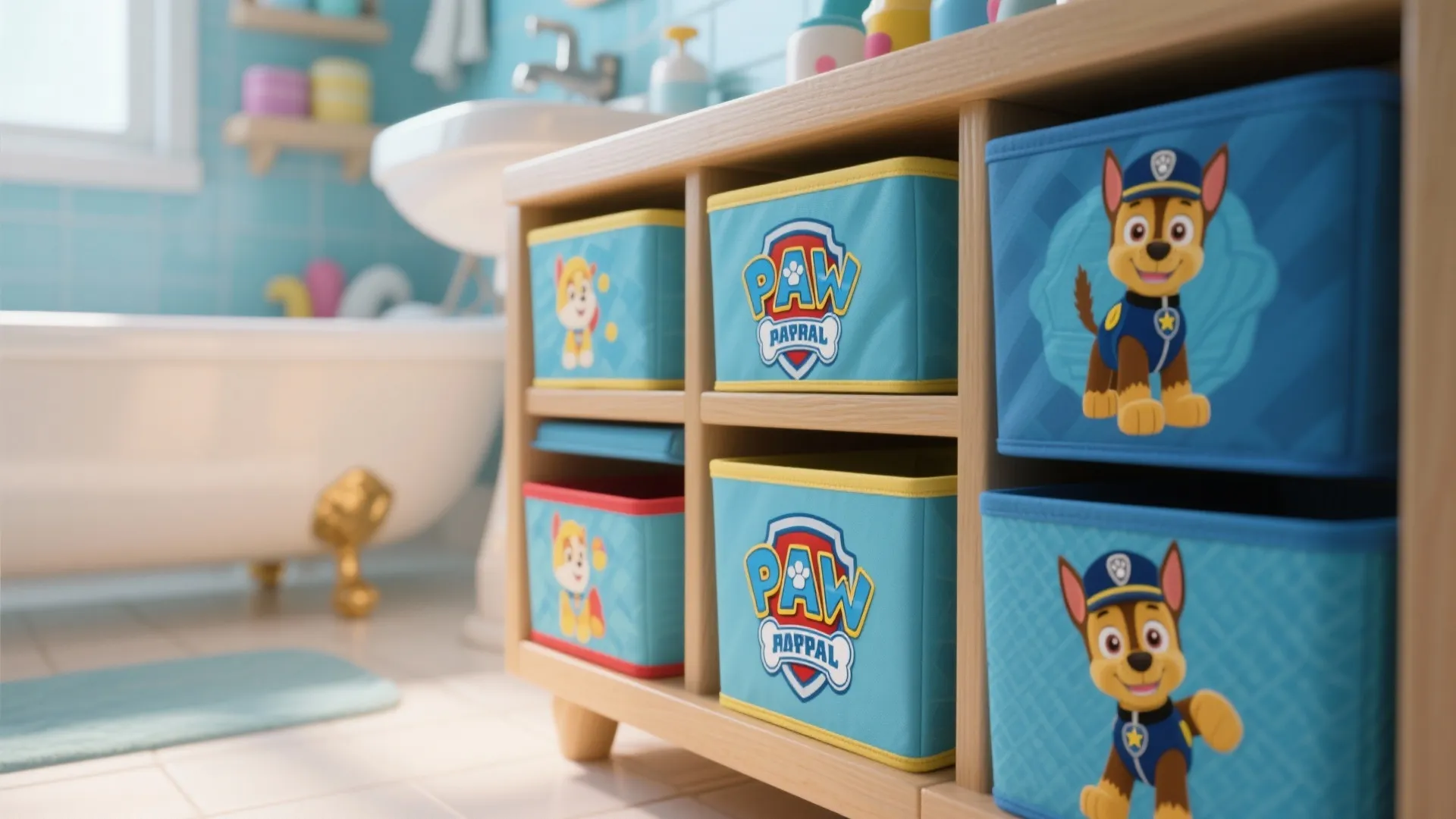 Wooden shelf holding blue and yellow storage bins with cartoon puppy characters in a bathroom