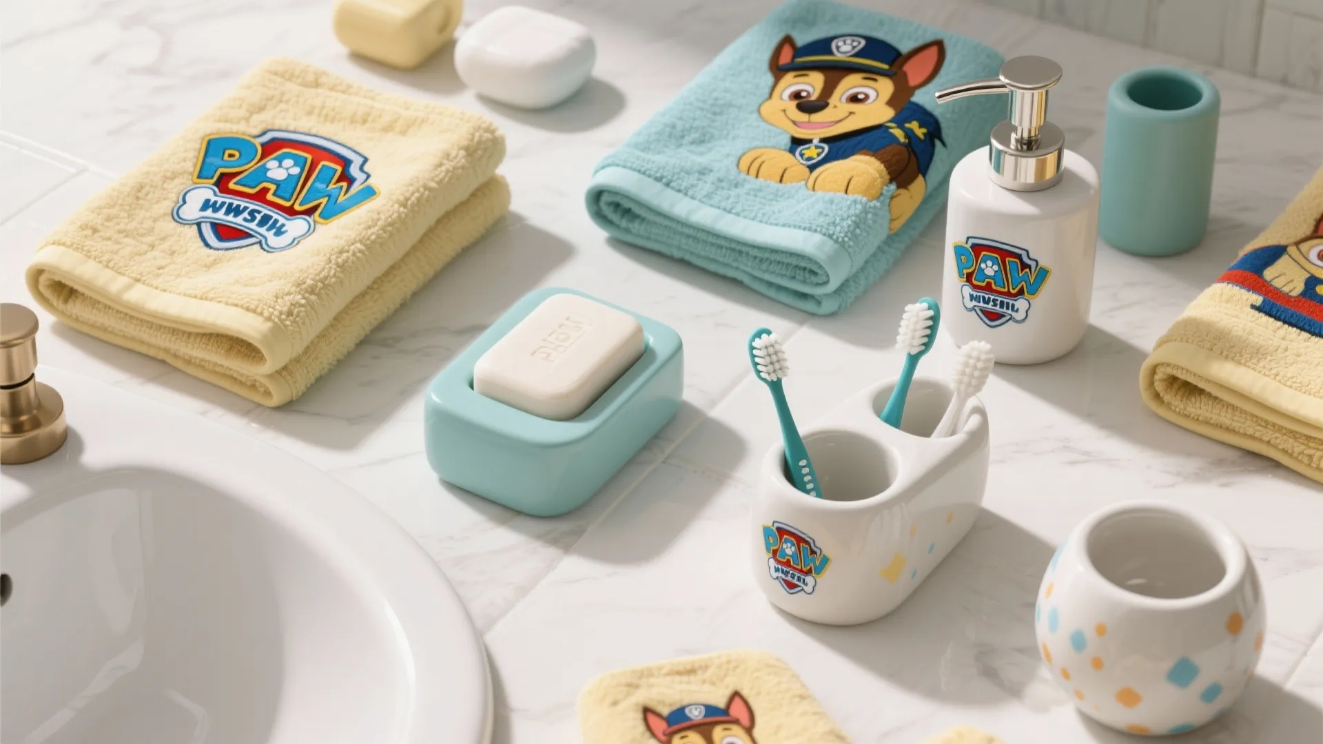 Paw Patrol themed bathroom accessories with towels soap dispenser toothbrush holder and soap dish surface