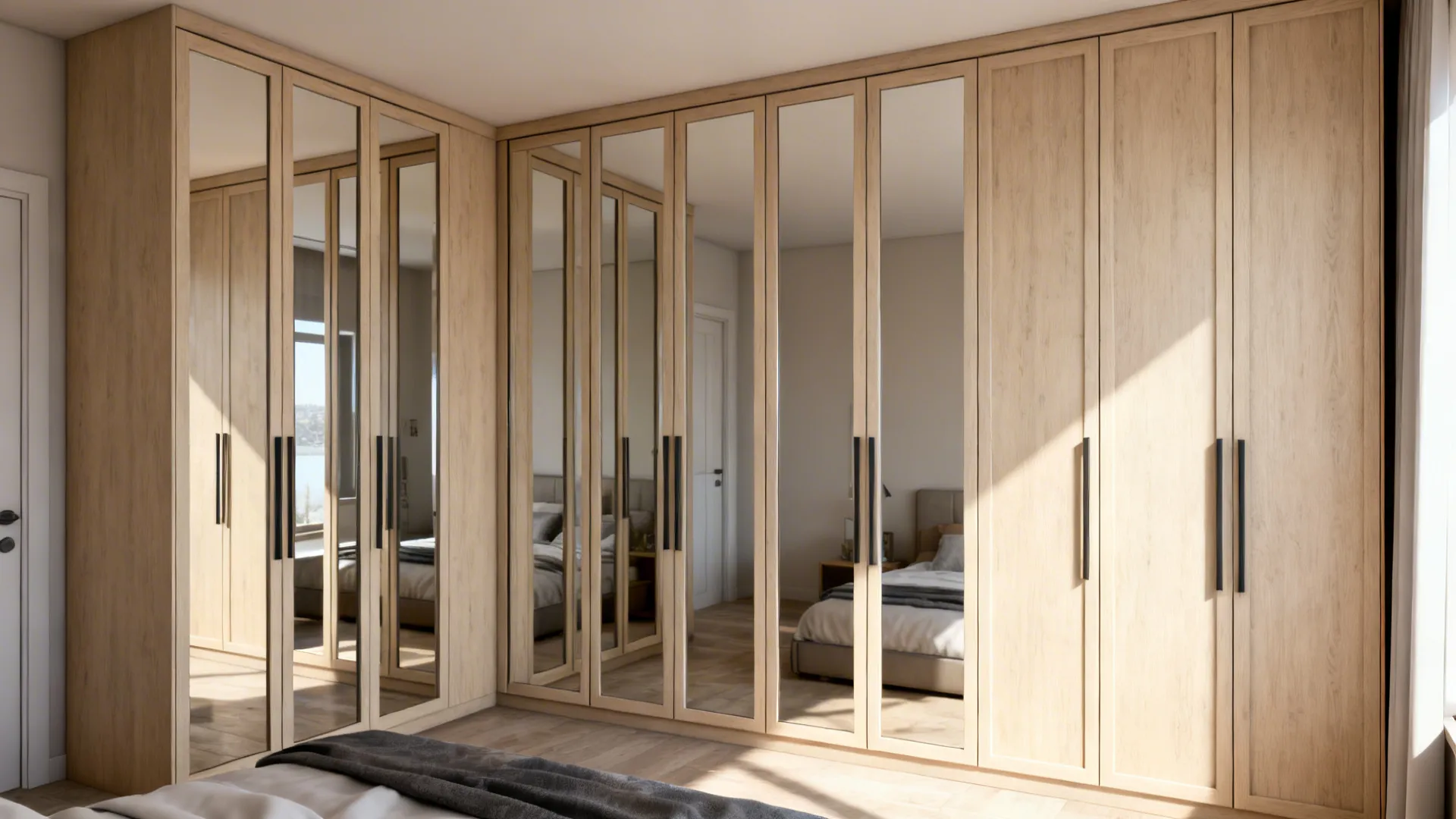 Tall PAX-style wardrobes with mirrored sliding doors creating a built-in look in a small bedroom.
