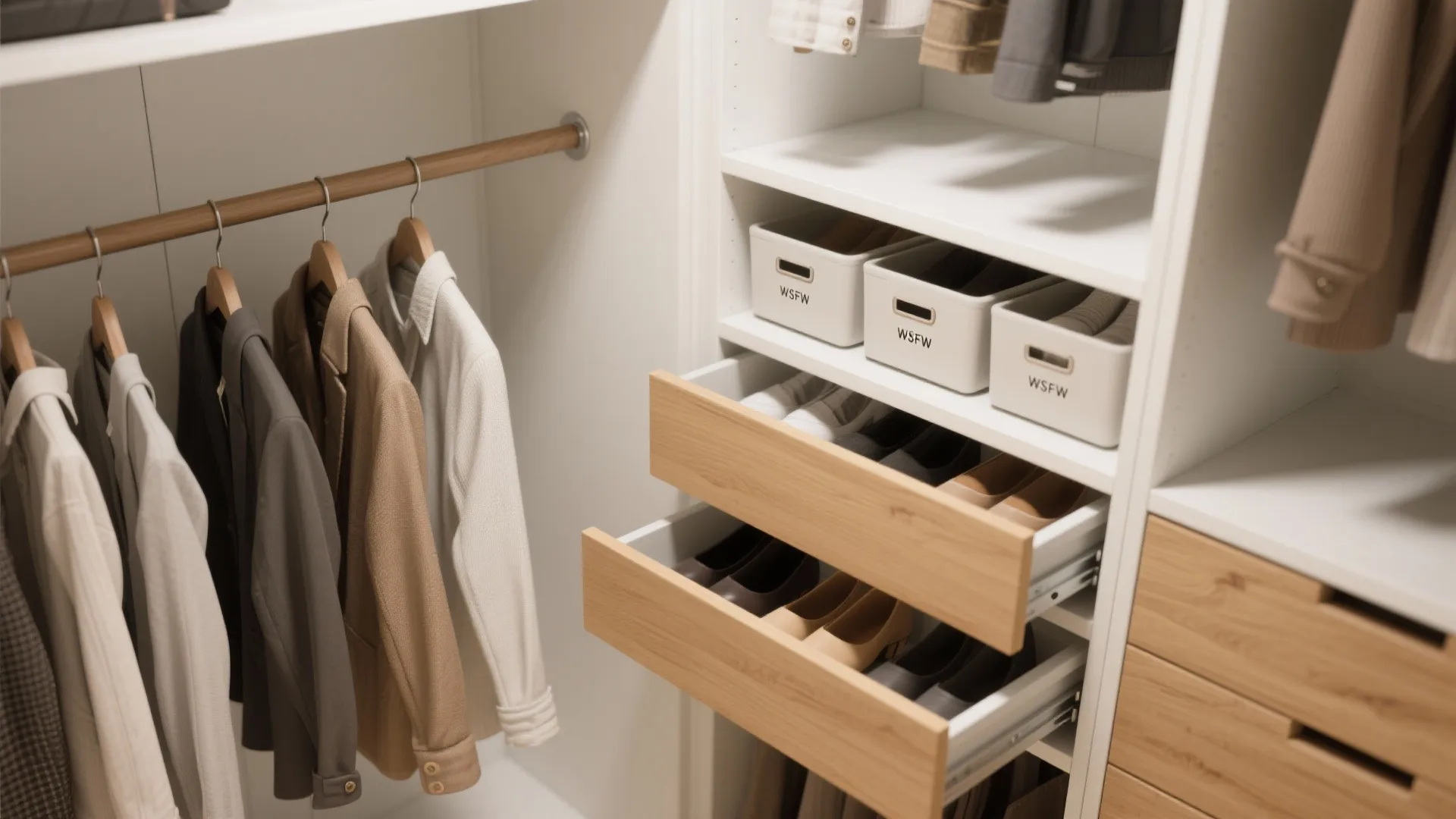 Close-up of a mini-closet interior with pull-out drawers, shoe trays and a second hanging rail for efficient storage.