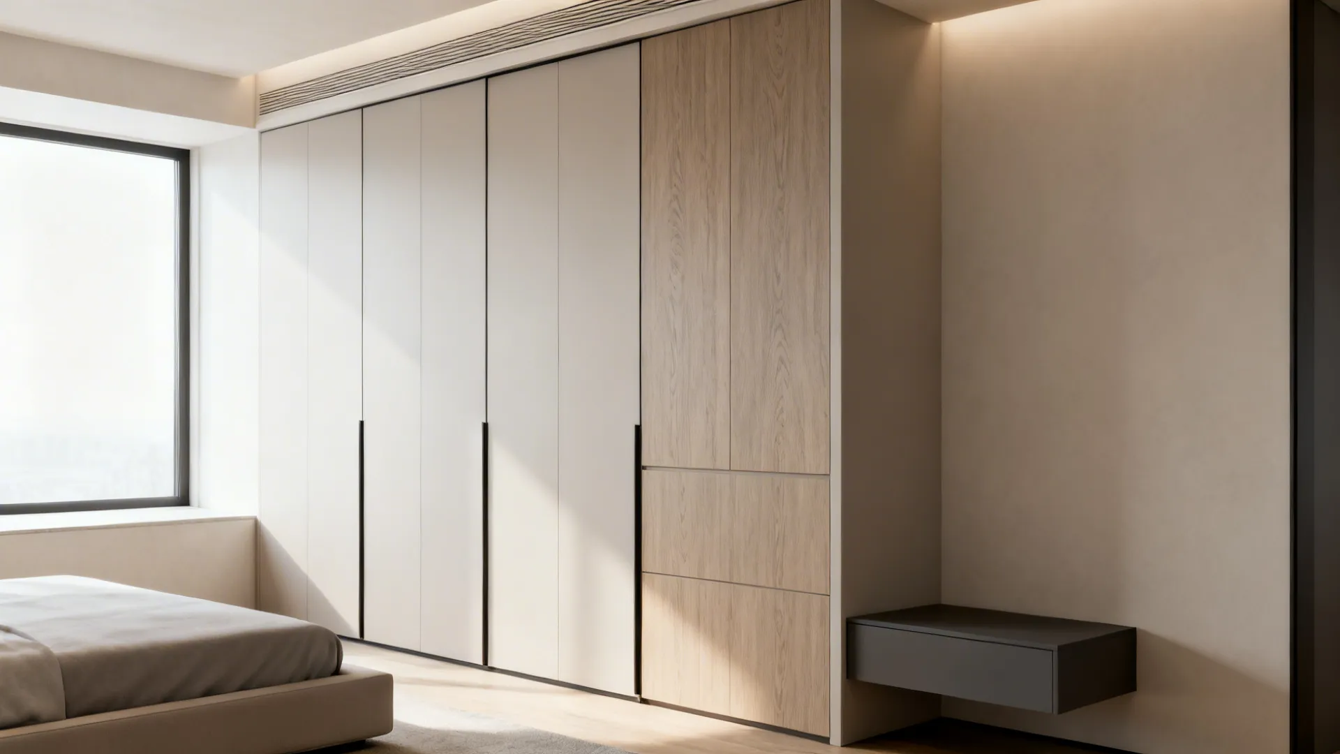 Built-in style PAX wardrobes with sliding doors in a compact bedroom.