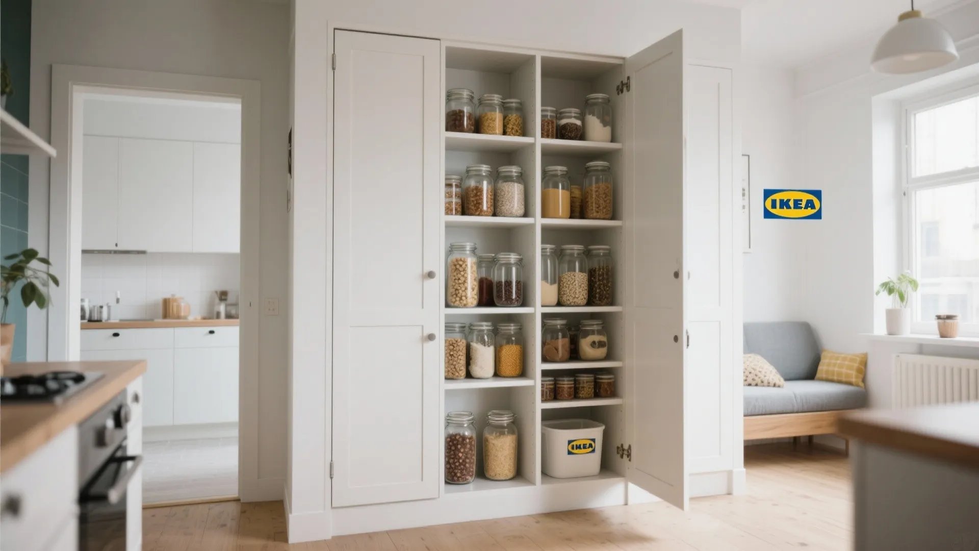 White floor to ceiling cabinet with open doors showing organized glass jars on many shelves