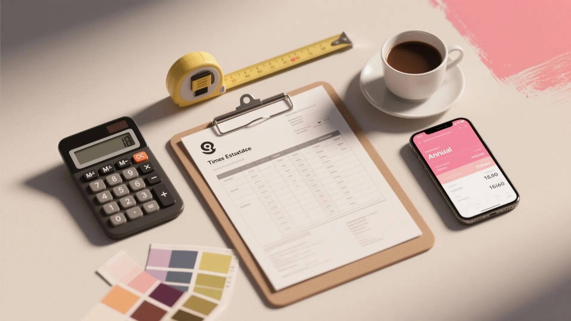 Top-down flatlay of calculator, timesheet, paint swatches and invoice illustrating hourly and annual pay ranges.
