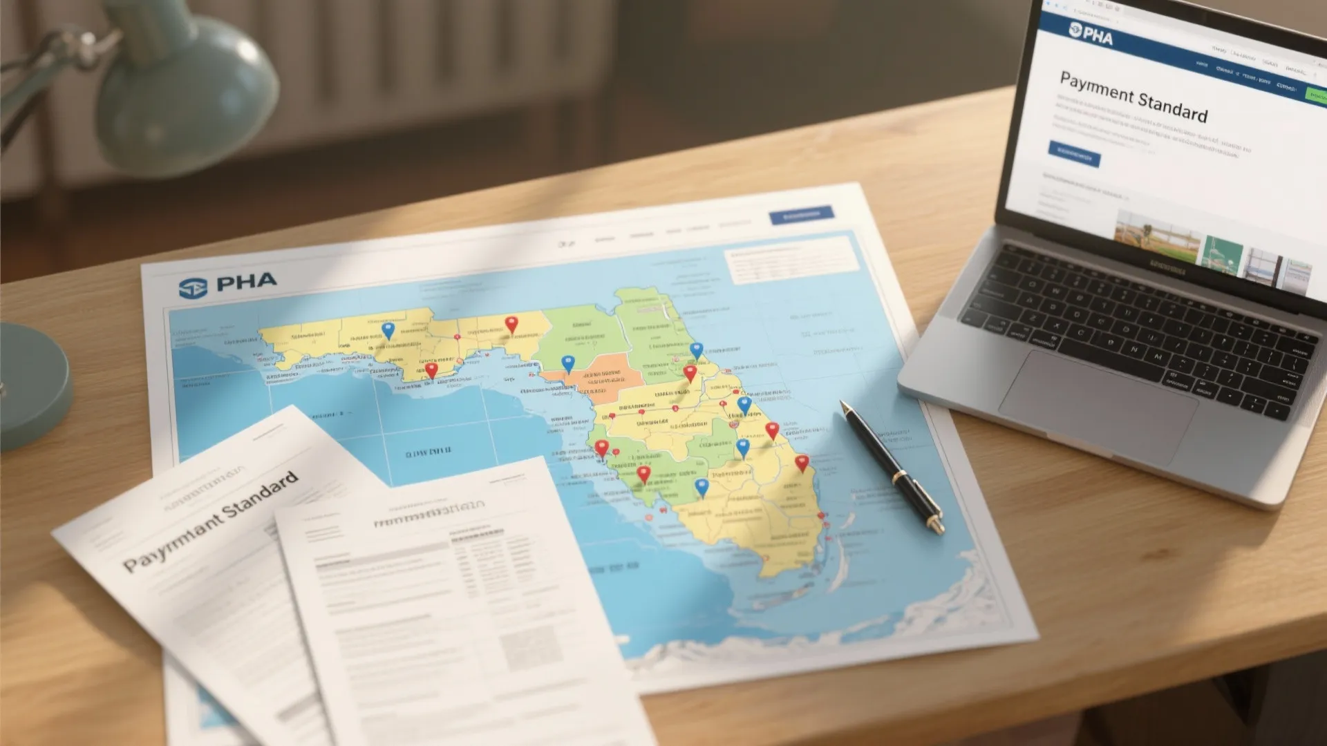 Desk with a Florida map, county markers and Payment Standard printouts illustrating regional variation.