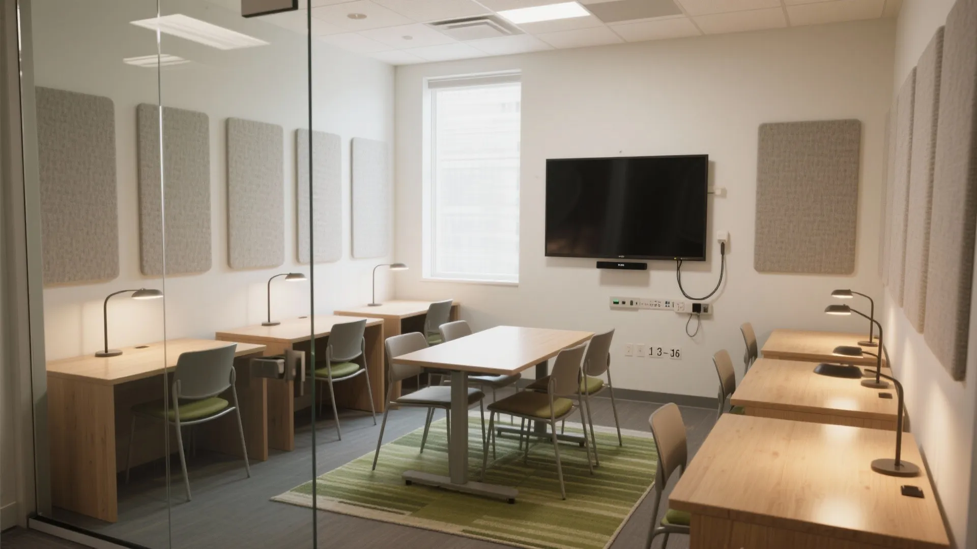 Modern office room with wooden desks green chairs wall mounted television grey wall panels light rug