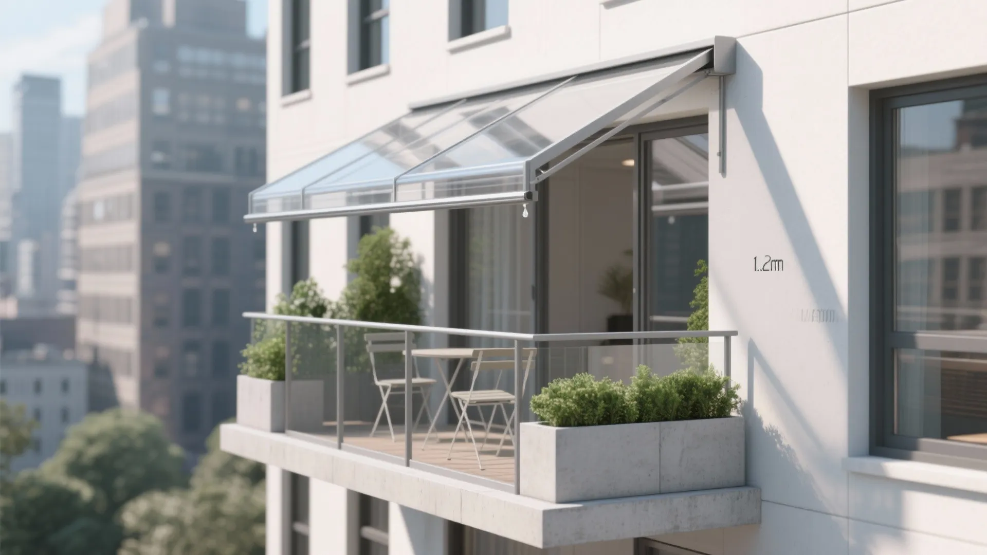Modern white balcony with clear glass awning small table two chairs and green potted plants