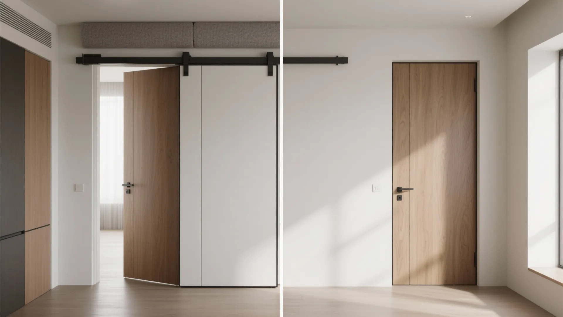 Before and after comparison of a sliding door track versus a clean hidden wooden door