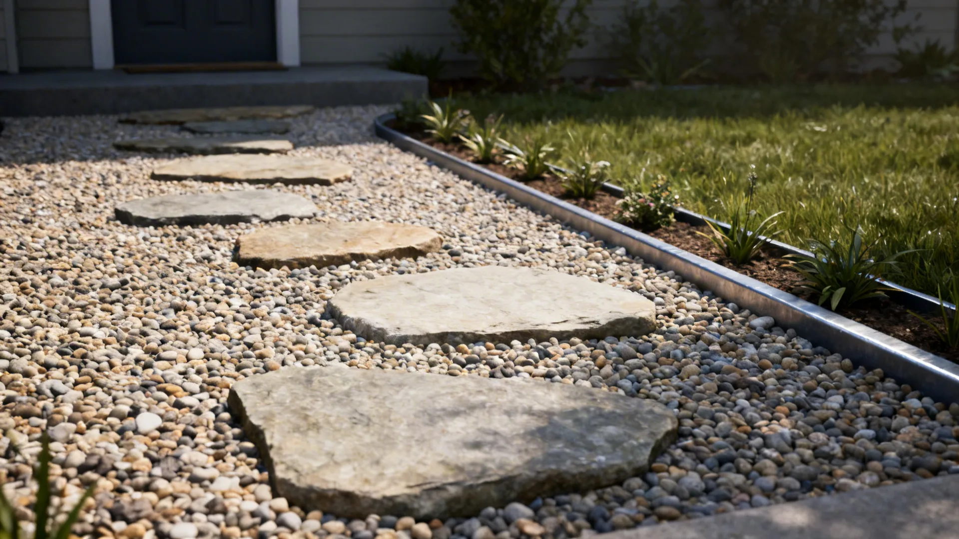 Stepping-stone path through pea gravel with edged containment and low plants.