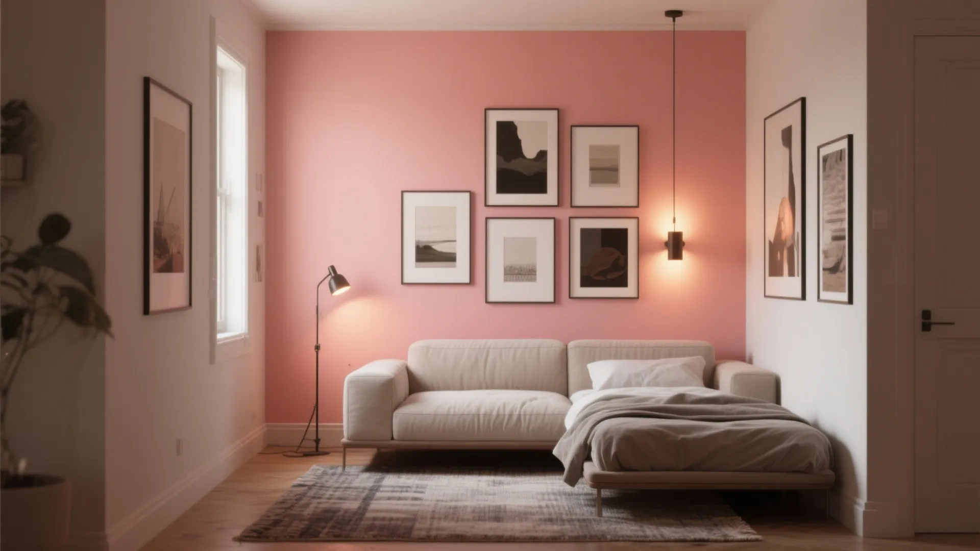 2. Peach Accent Wall with Art and Lighting