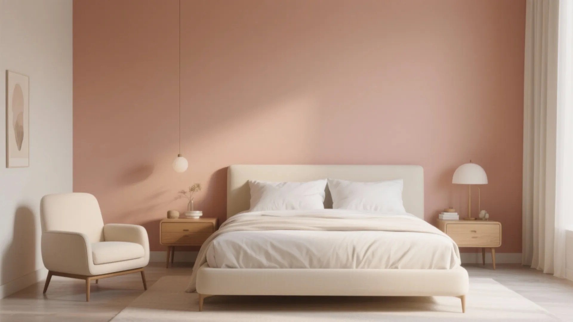 Minimalist peach bedroom with white bed white armchair wooden bedside tables and a hanging light