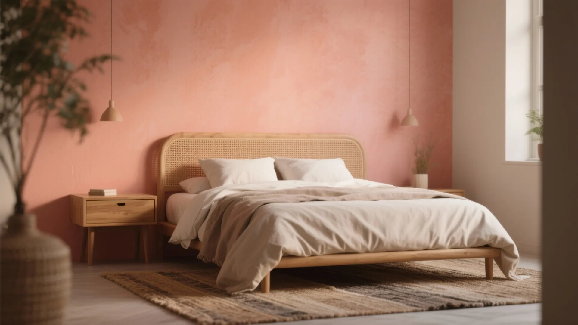 Modern bedroom featuring peach wall wooden bed frame with woven headboard side tables and hanging lights