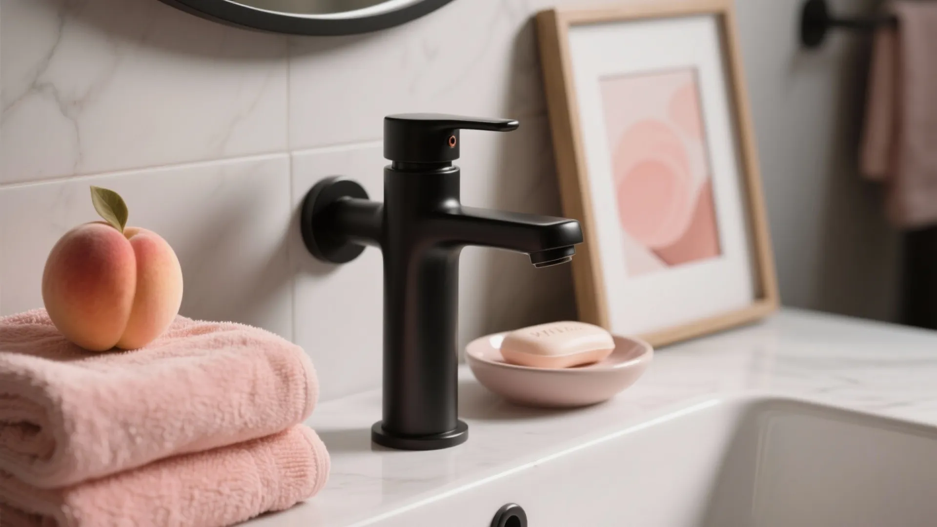 3. Peach Accents Paired with Matte Black Hardware