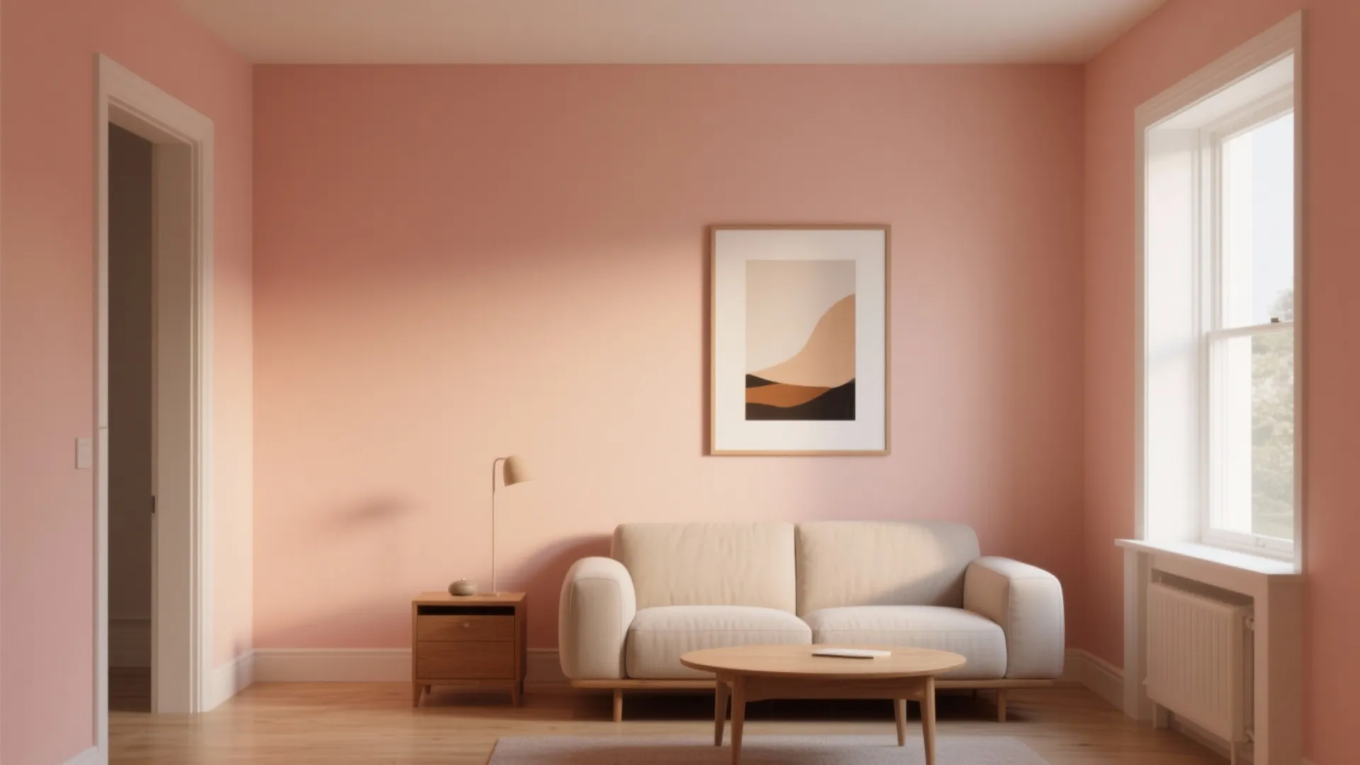 Minimalist living room featuring peach walls beige sofa wooden side table small lamp and framed art