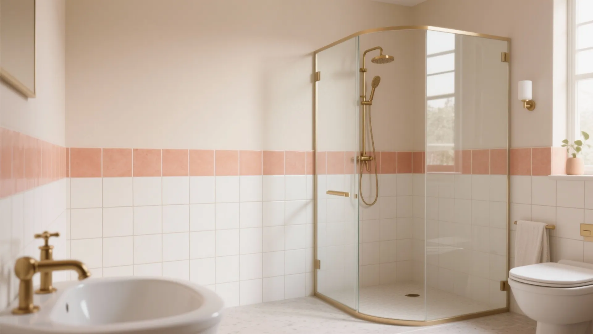 Modern bathroom featuring glass shower cabin with gold hardware white toilet and peach wall tiles