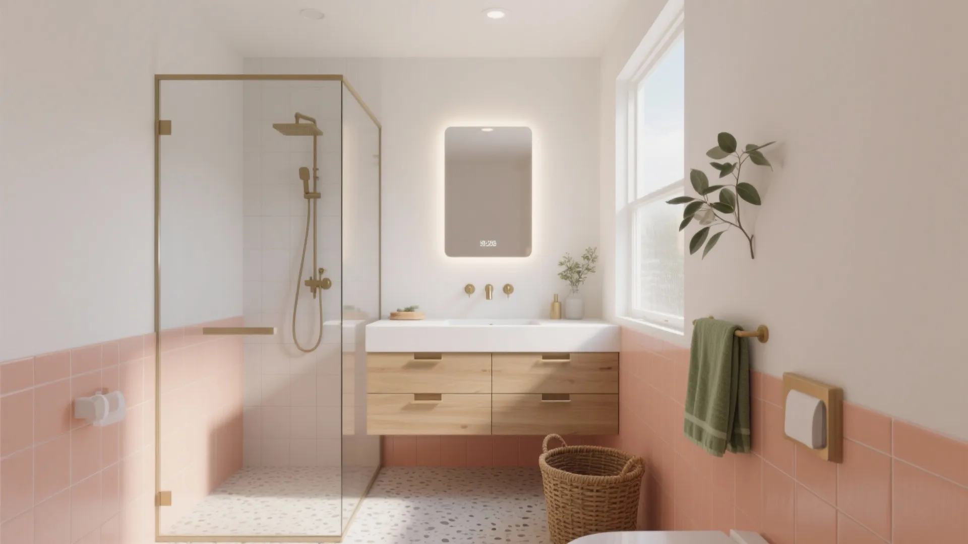 Modern bathroom with peach tiles wooden cabinet glass shower white sink light mirror and wicker basket