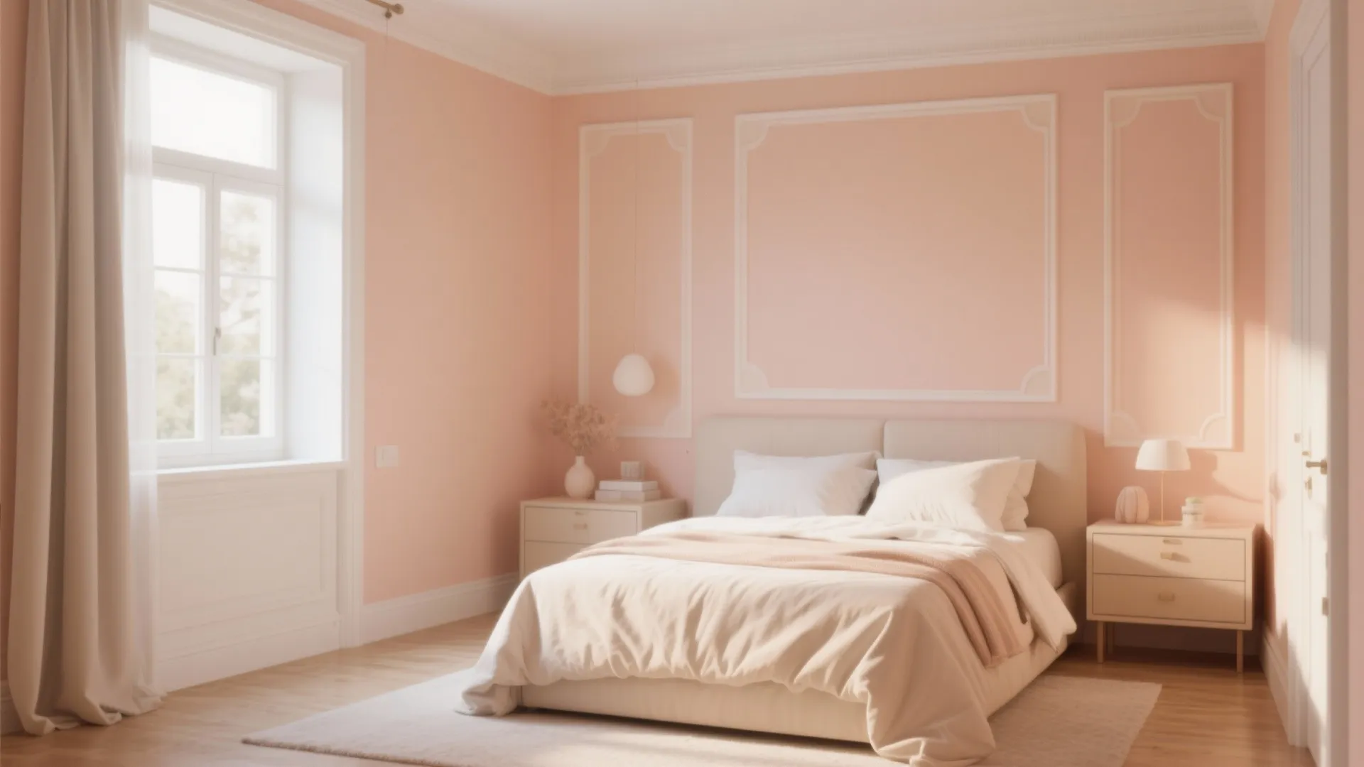 Elegant pink bedroom with wall panels white bed side tables ceiling light and large windows