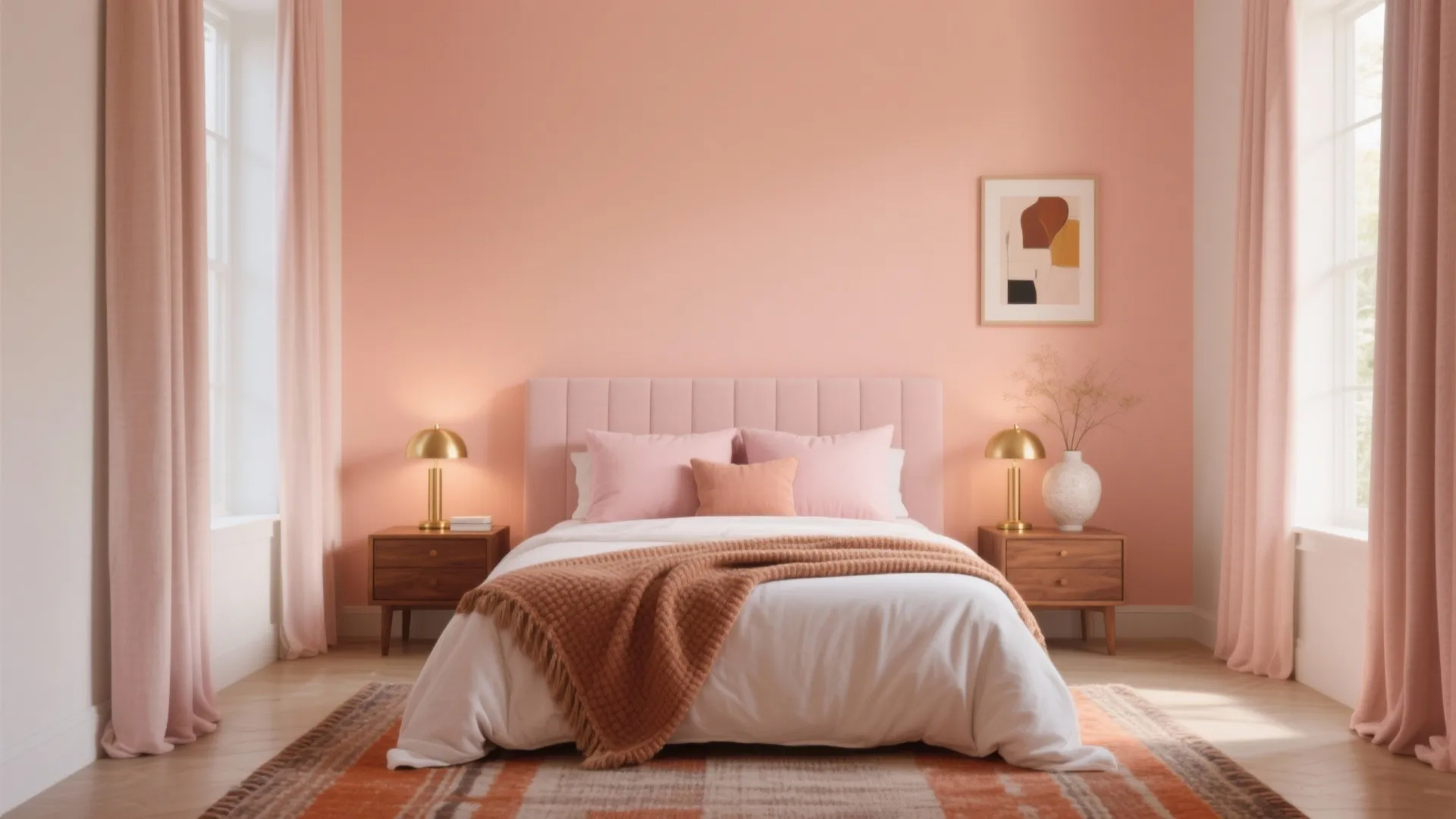 Modern pink bedroom with two gold table lamps on wooden cabinets and soft pink curtains