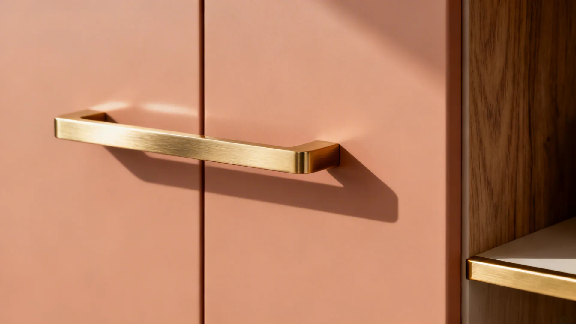 Close-up of muted peach cabinet with a brushed brass handle and warm daylight.