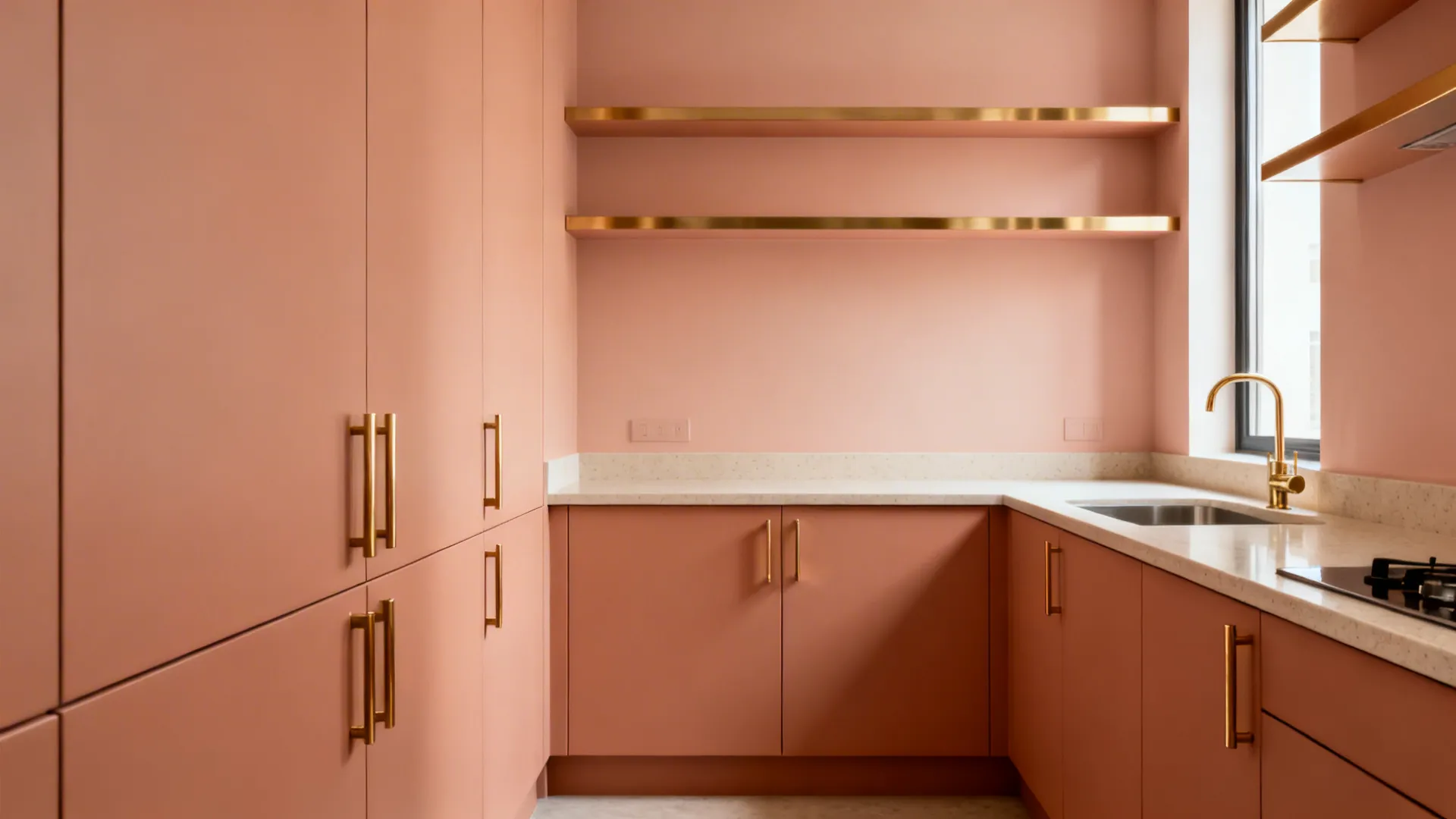 Small kitchen with muted peach cabinets and brushed brass hardware and shelf trim.