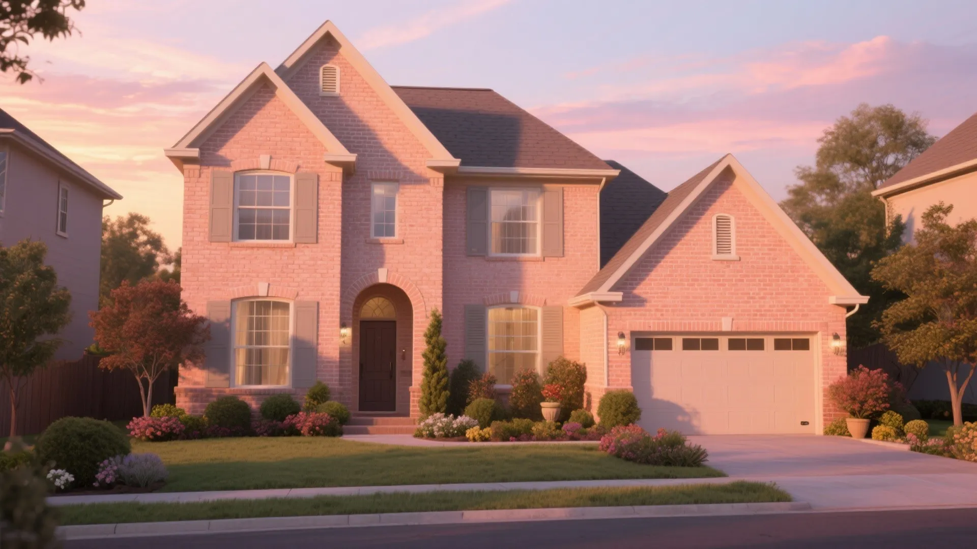 Large peach brick house at sunset with white garage door front yard garden and lawn