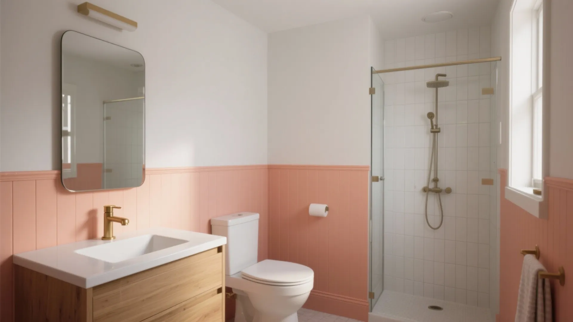 Modern bathroom with pink wall panel white toilet wooden cabinet gold faucet and glass shower