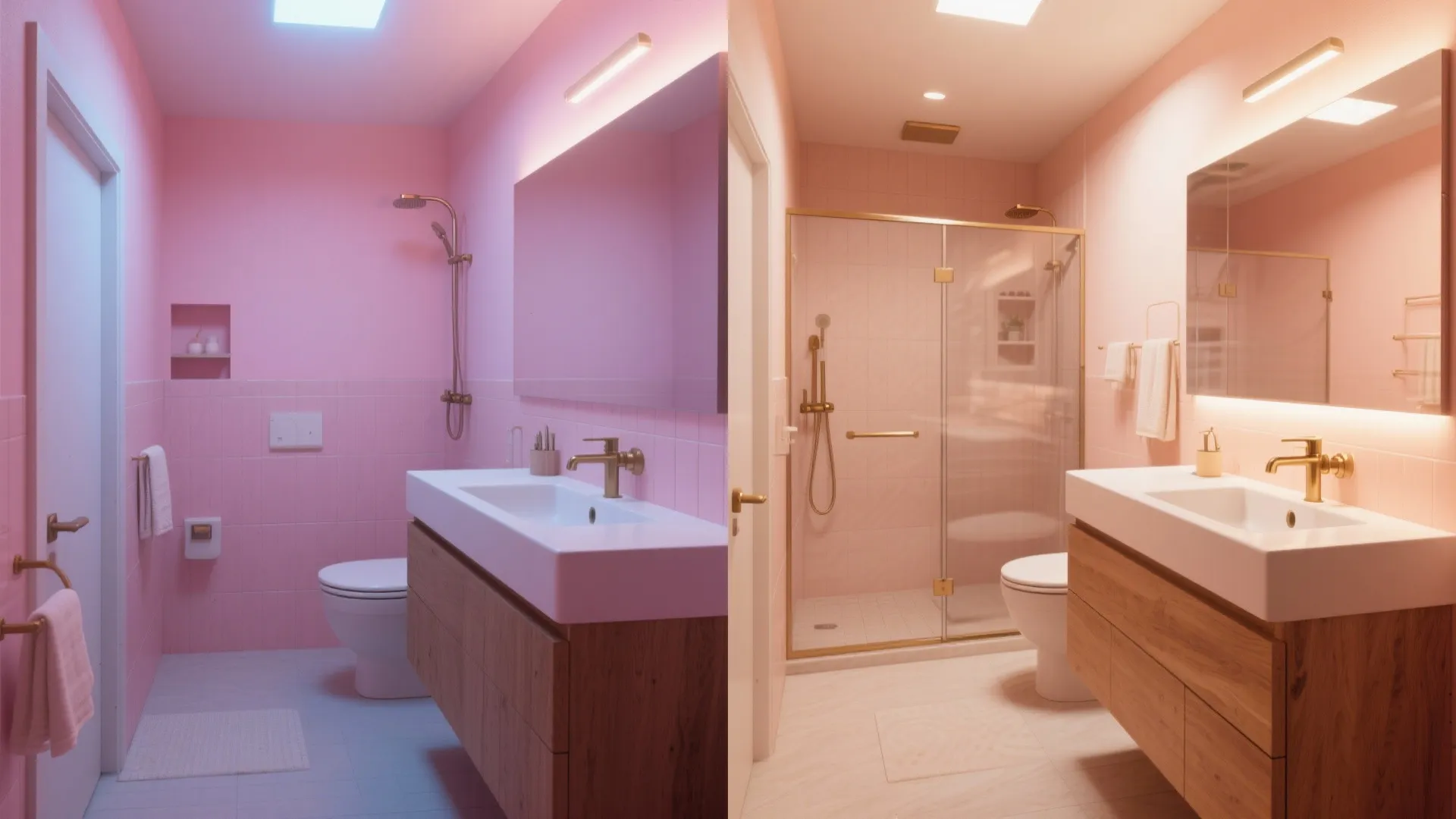 Before and after comparison of pink bathroom design with different light fixture and room layout settings
