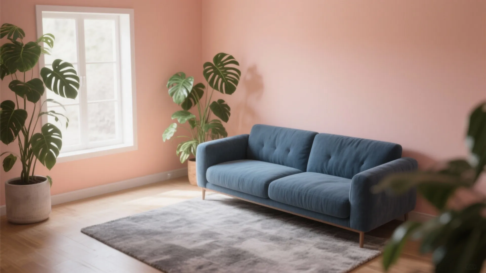 Modern living room featuring pink walls a blue sofa grey rug and large green plants