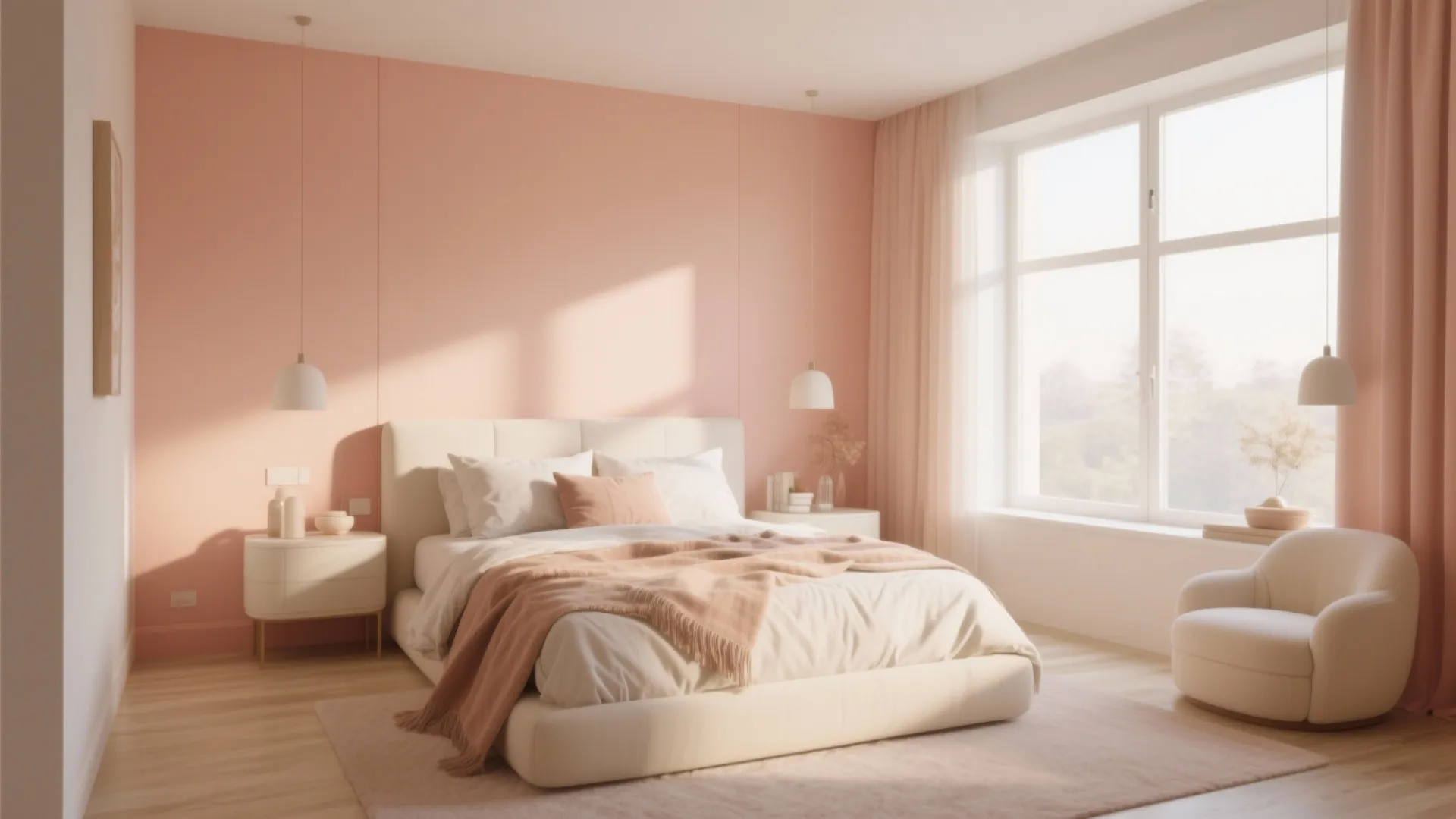 Modern bedroom with peach walls, white bed, pink blanket, white chair, and hanging light fixtures