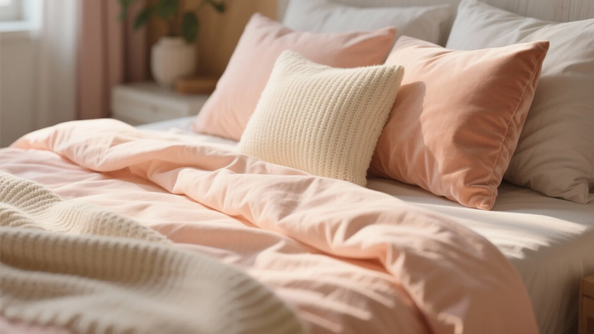 Close up of soft peach bedding with white knit pillow and pink cushions in sunlight
