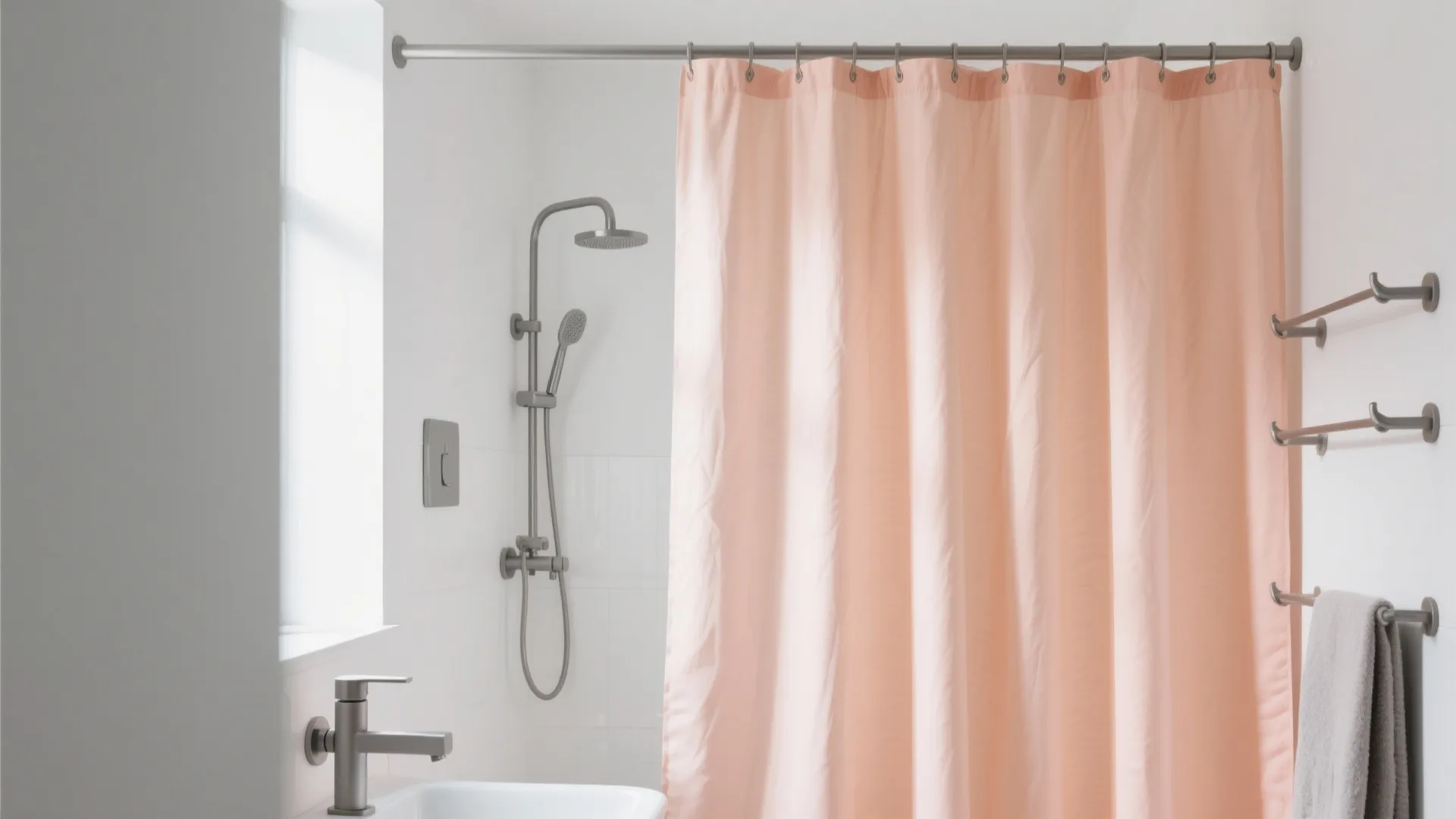 4. Peach Shower Curtain and Gray Fixtures