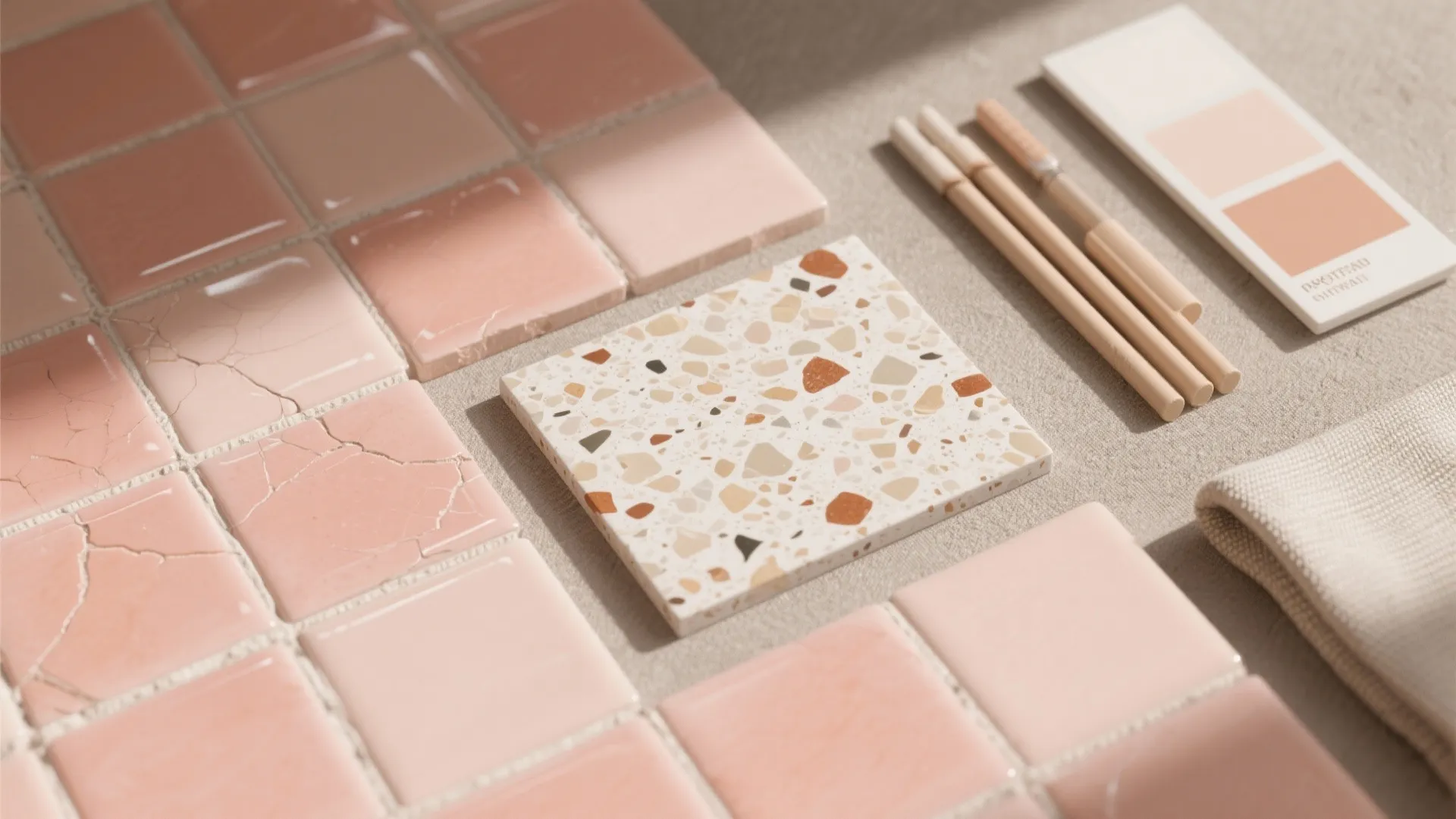 Peach square wall tiles and speckled stone sample tile with color swatches and wood pencils