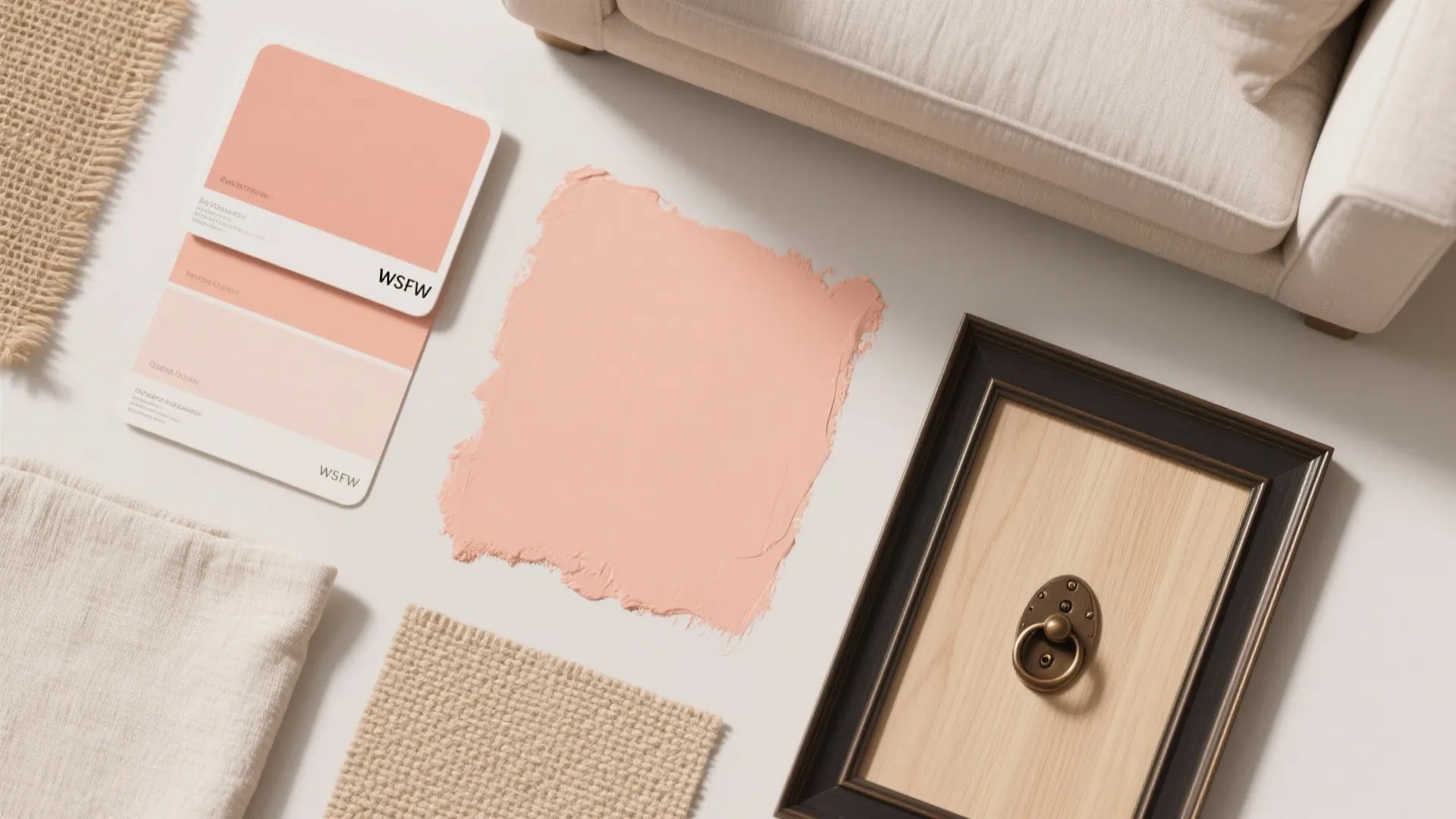 Interior design mood board with pink paint swatches wooden frame fabric samples and beige sofa