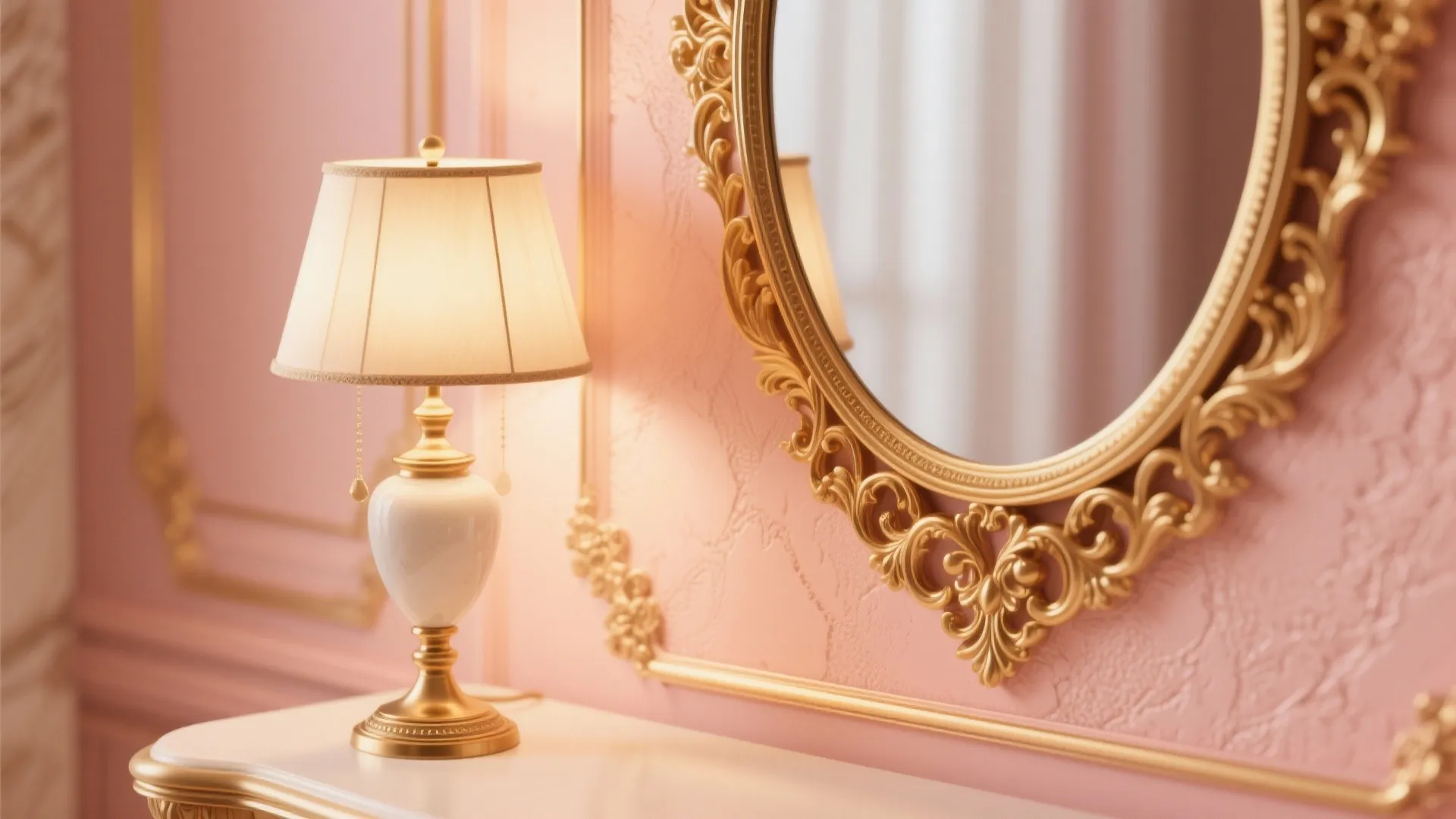 Classic table lamp on white cabinet next to ornate gold mirror against pink wall panel background