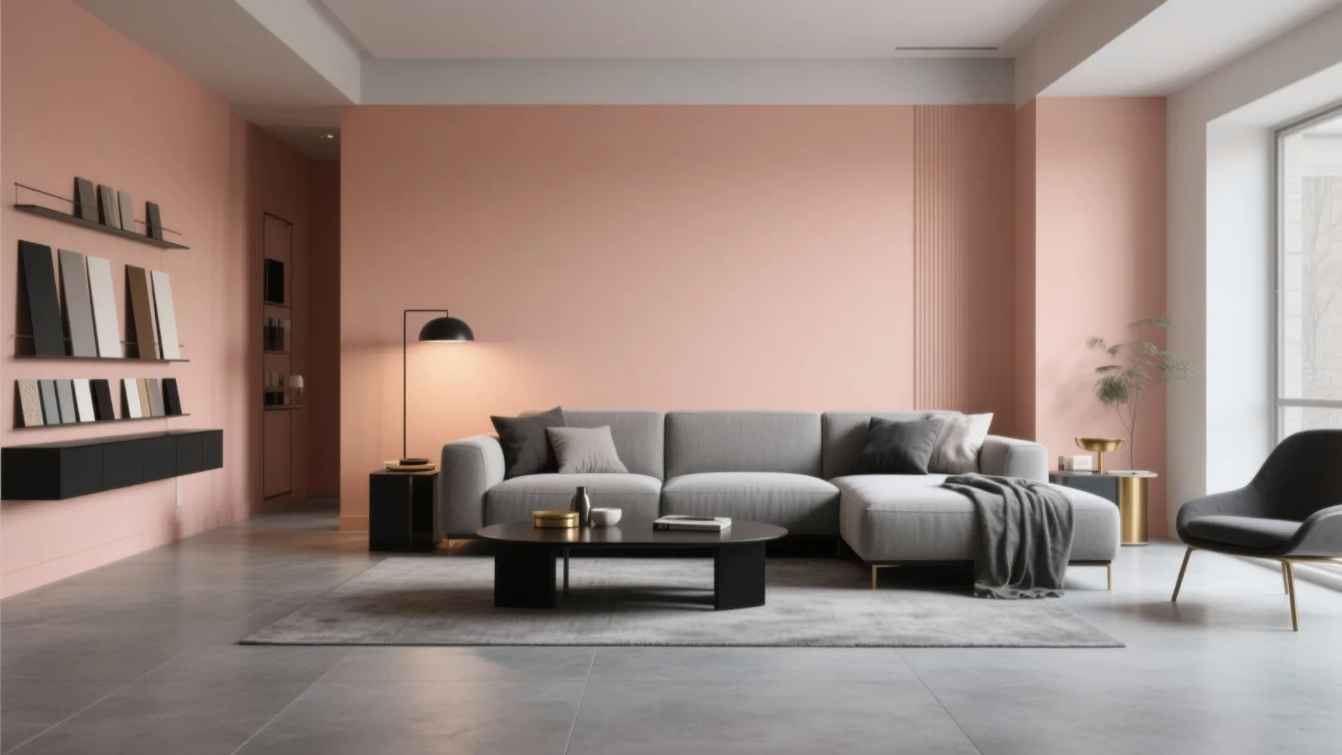 Modern living room with peach wall grey sofa black coffee table black floor light tiles