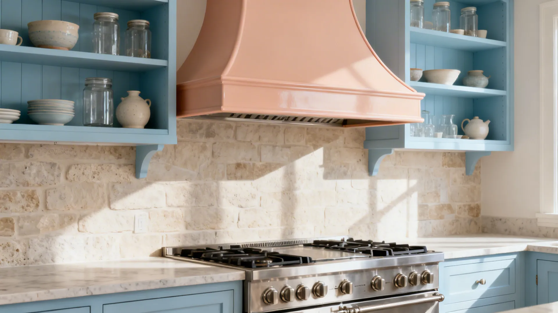 Peach Range Hood Feature + Powder-Blue Open Shelves