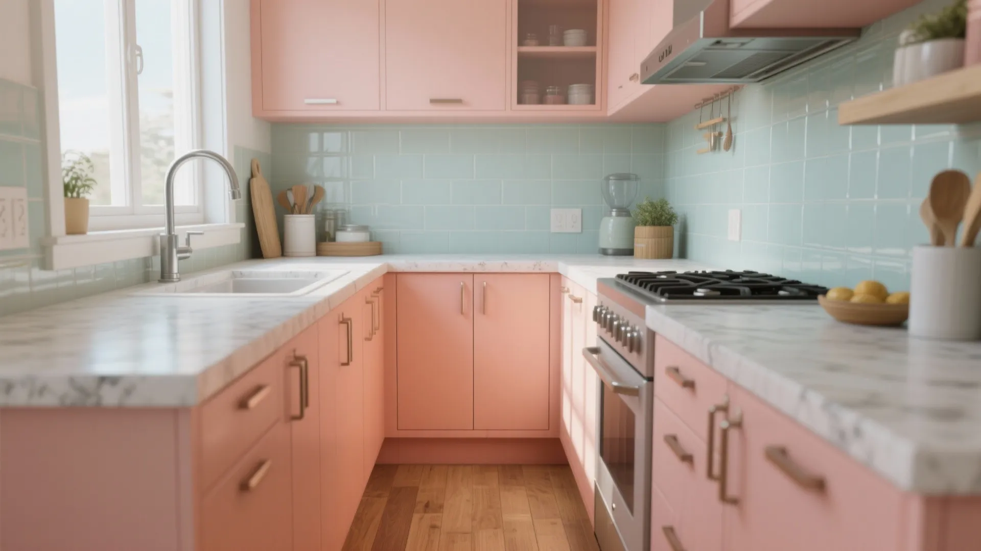 Bright kitchen design with pink cabinets light blue wall tiles white marble counters and windows