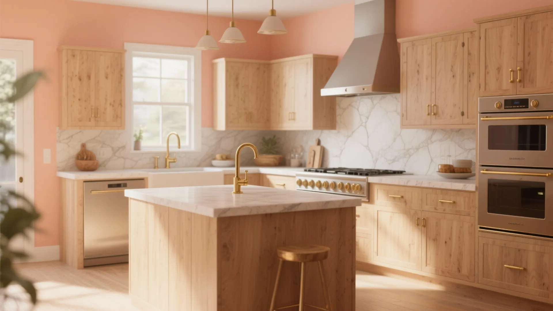 3. Pair peach with warm woods and brass in kitchens