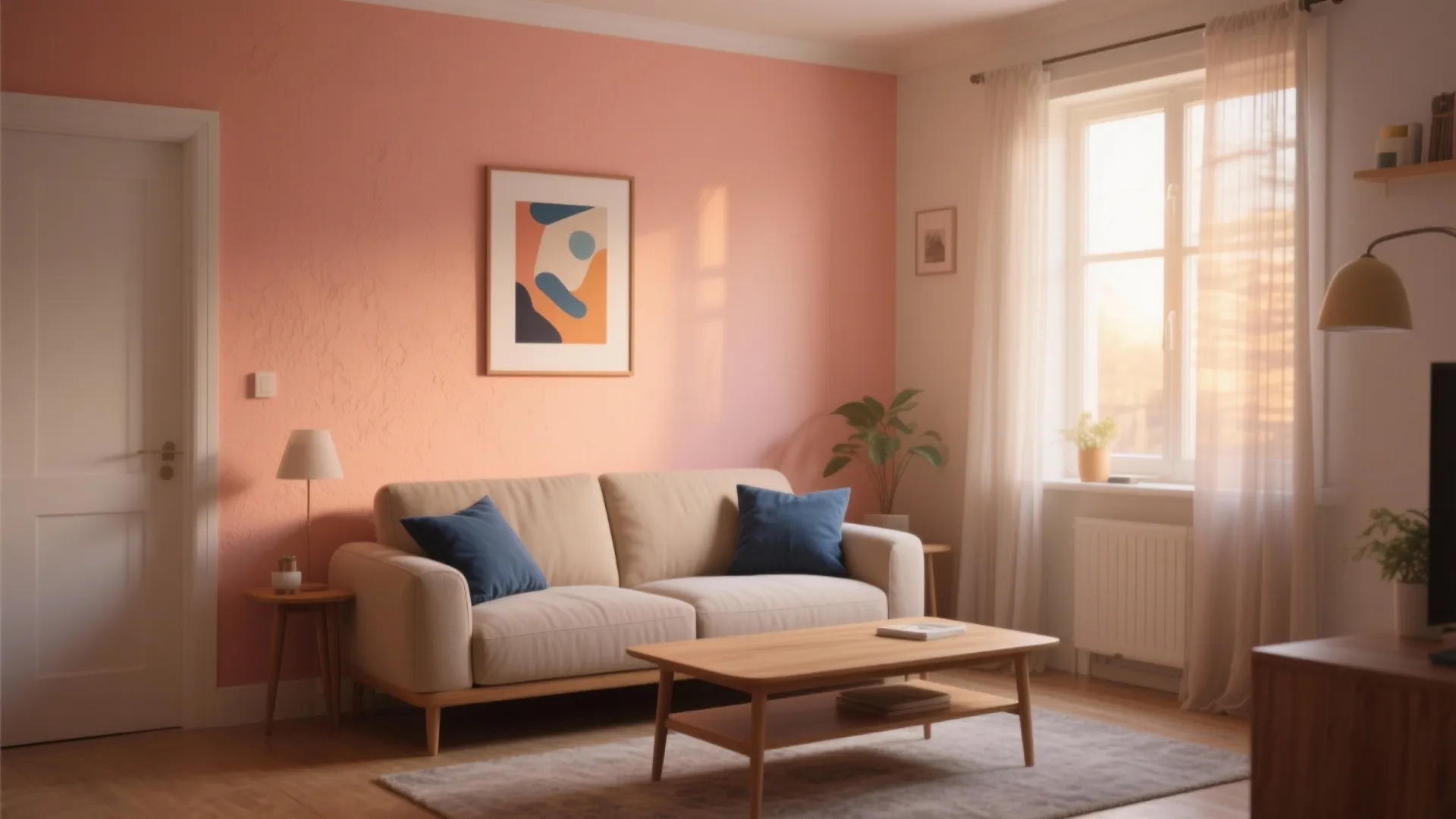Modern living room with peach wall beige sofa blue pillows wooden coffee table and natural light