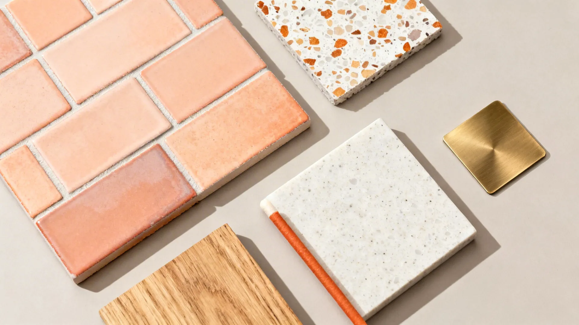 Top-down material board with peach zellige, terrazzo, light quartz, oak, warm grout, and brass finish.