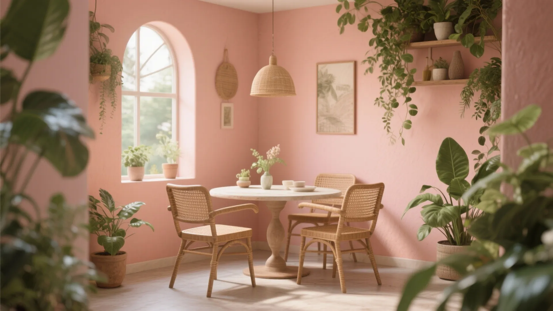 Cozy dining area with round table woven chairs green plants hanging light and pink wall paint