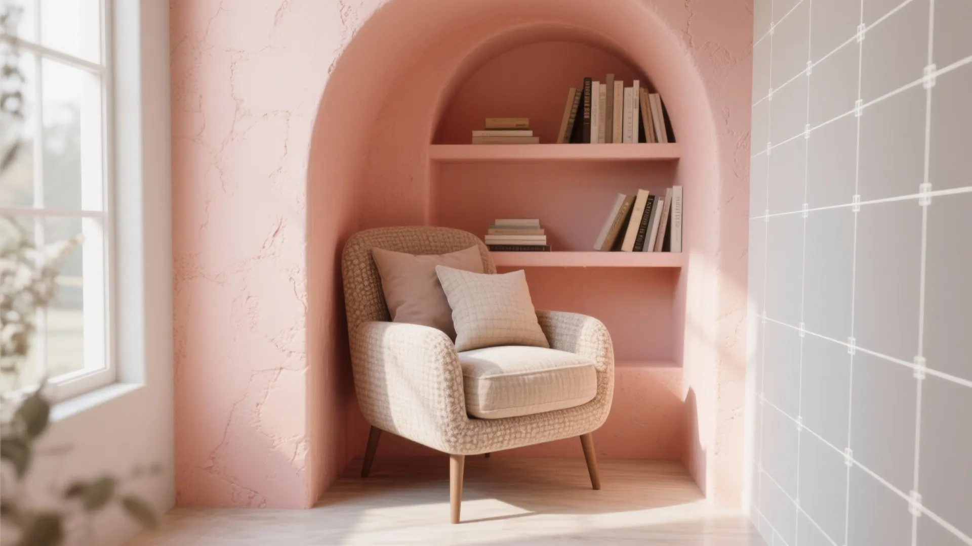 Cozy reading nook with peach arched wall built in shelves books armchair pillows and bright window