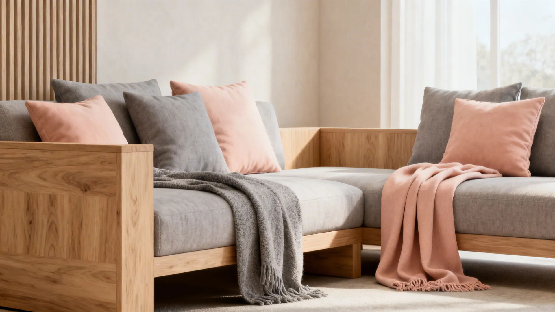 Modern living room with peach blush accents, light oak furniture and muted gray textiles