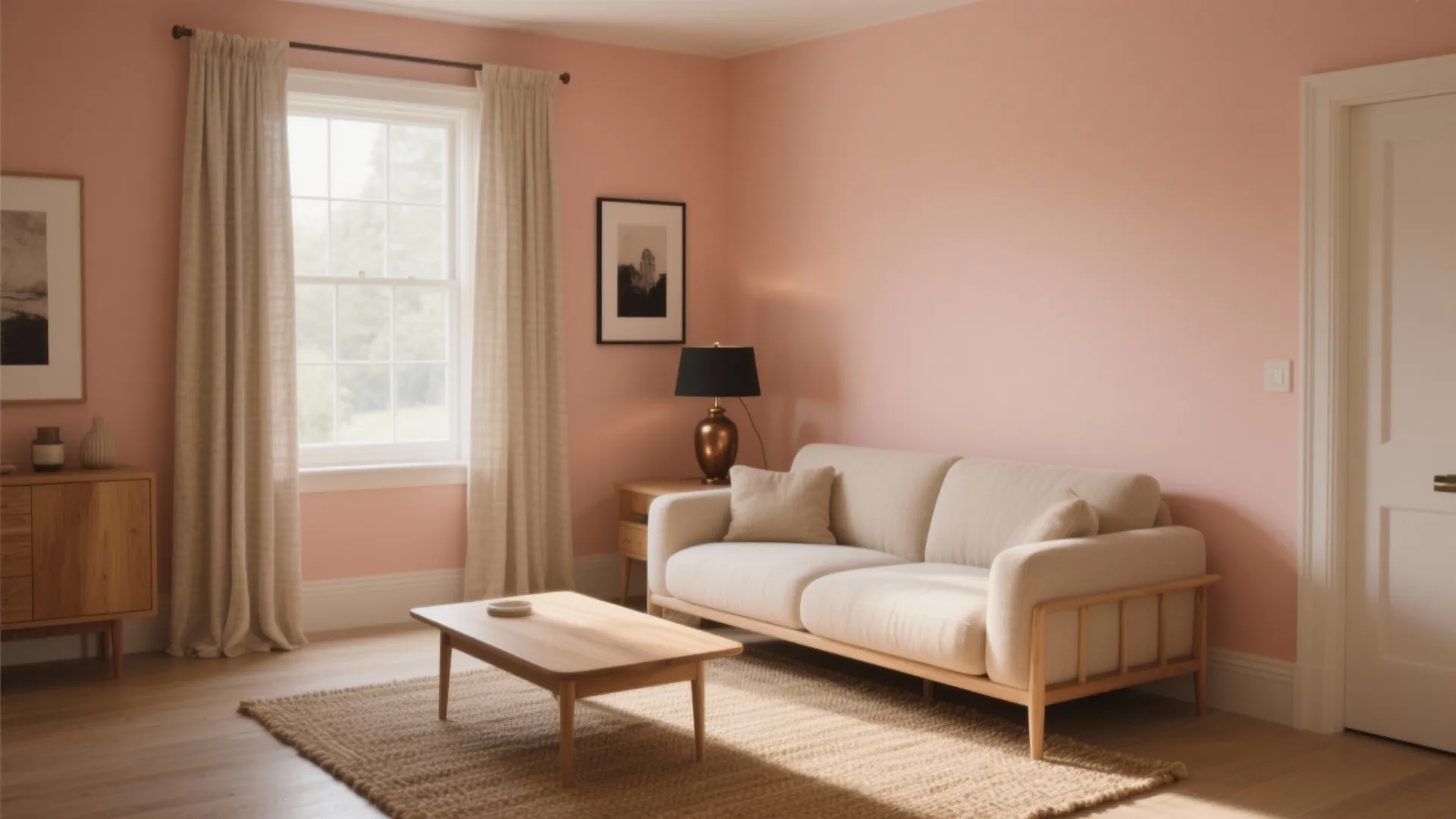 Pink living room with white sofa wooden coffee table jute rug and window with curtains