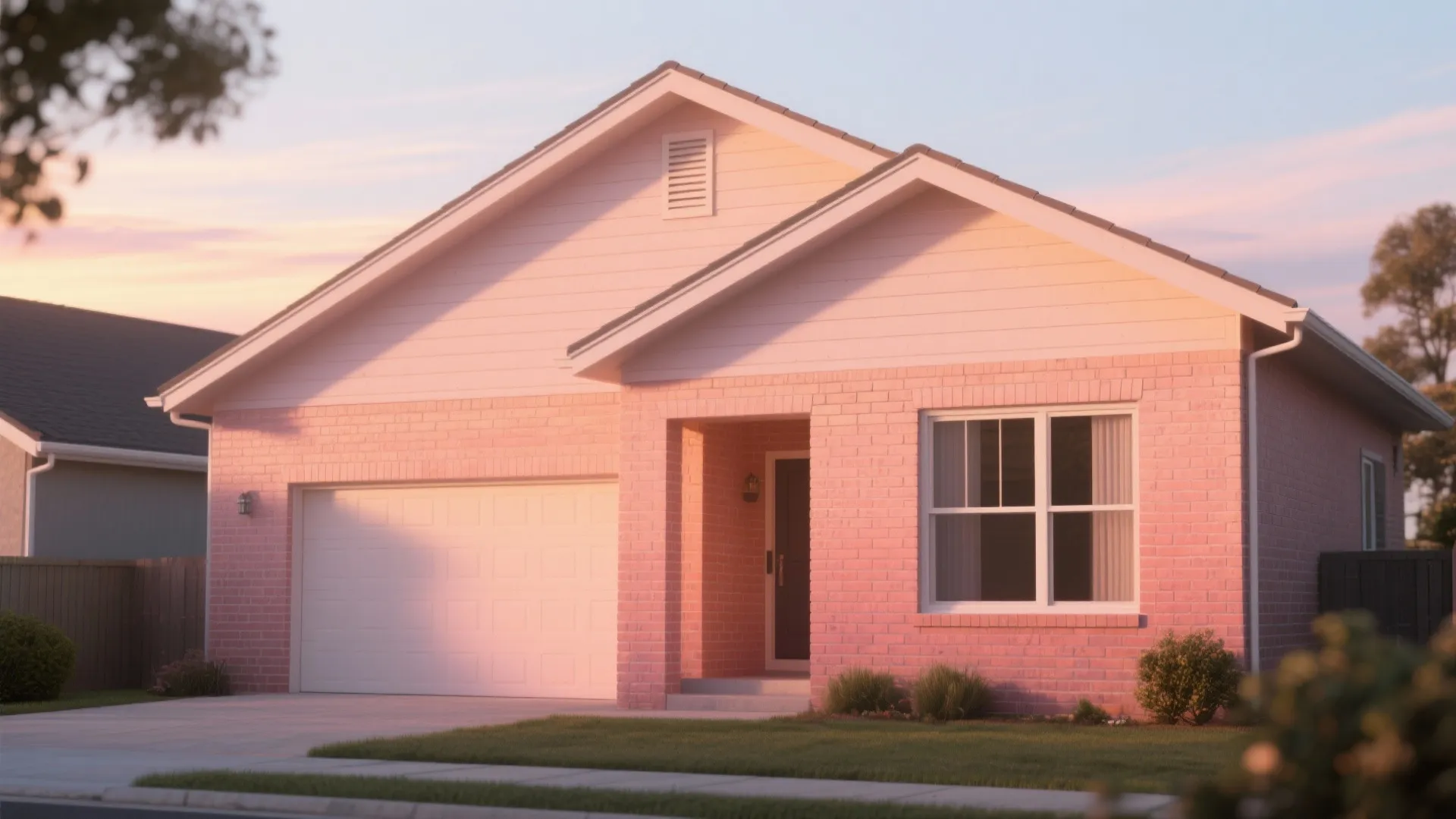 Modern suburban house with light pink brick walls a white garage door and green front lawn