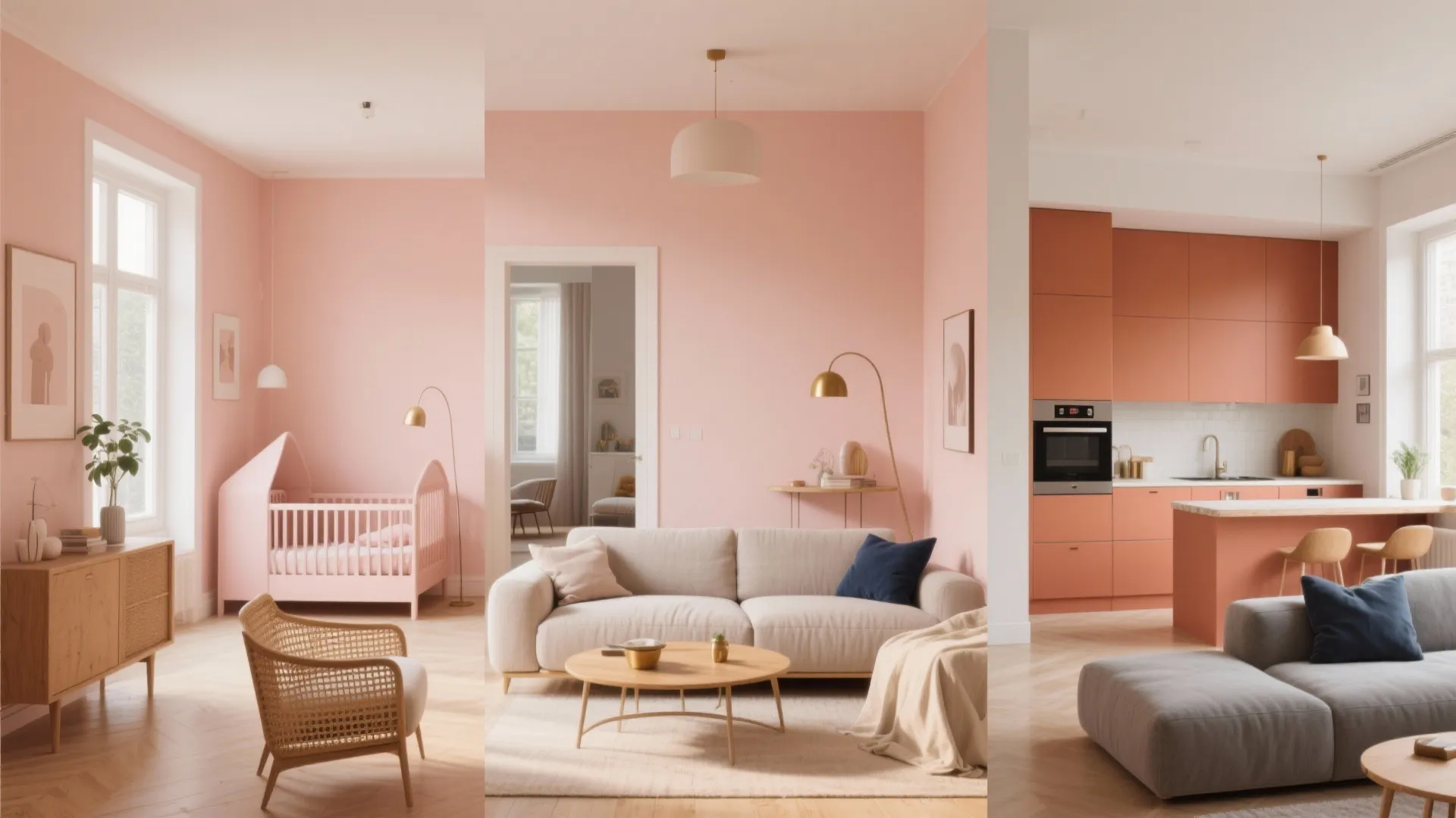 Three interior design drawings showing pink nursery living room and peach kitchen with orange cabinets